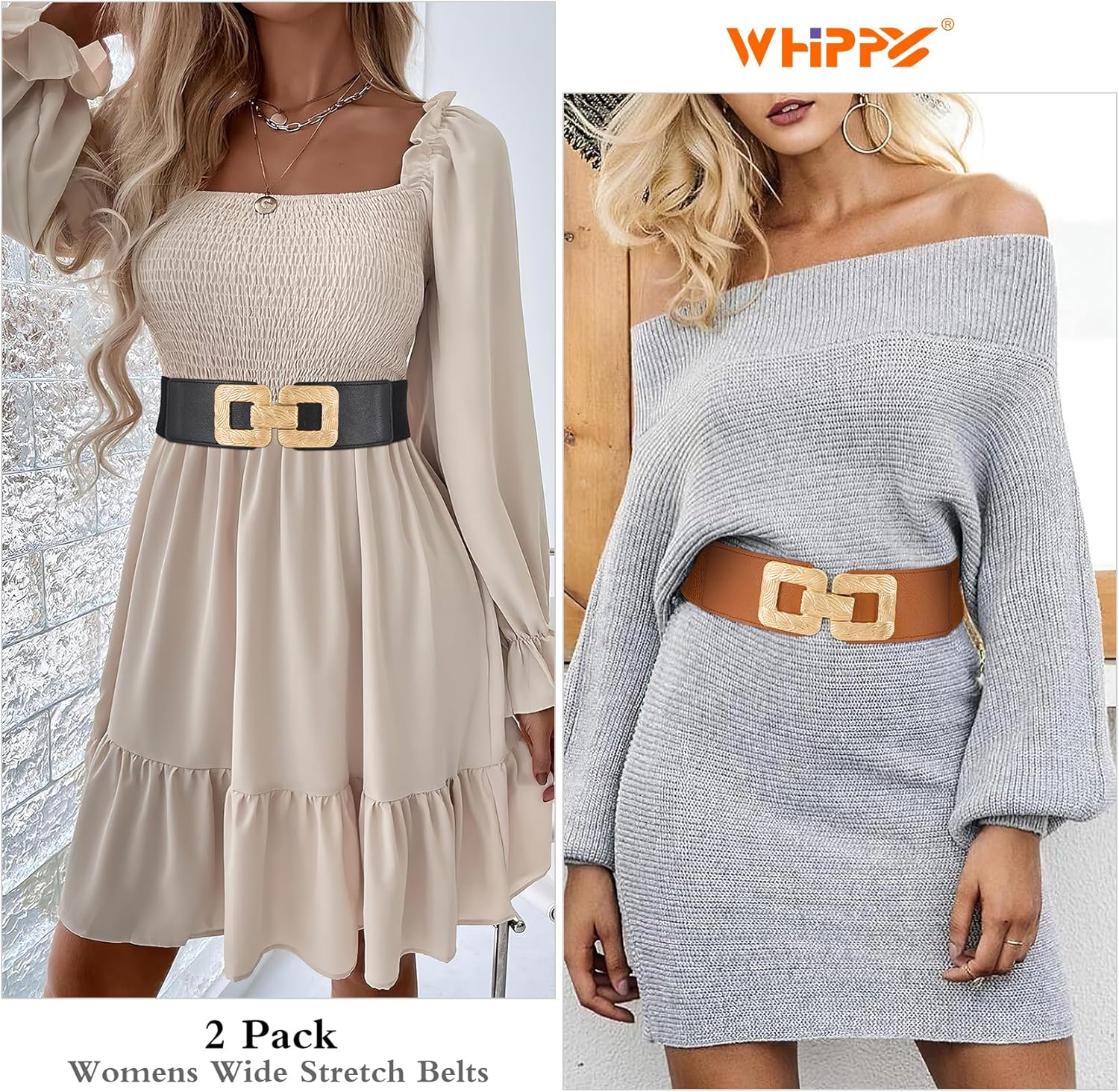 DDPOND 2 Pack Womens Wide Elastic Stretch Waist Belts for Dresses Fashion Ladies Belt Waistband with Square Gold Buckle Silver Black/Brown M image number 5