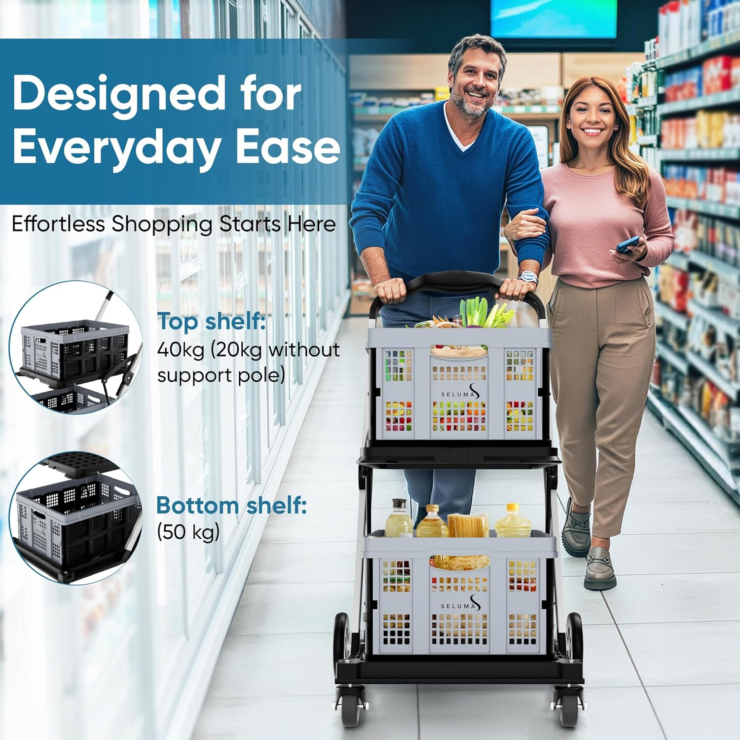 SELUMA Folding Trolley - Grocery Cart, Shopping Trolley with Wheels, Heavy Duty - Outdoor/Office Collapsible Push Trolly. image number 2