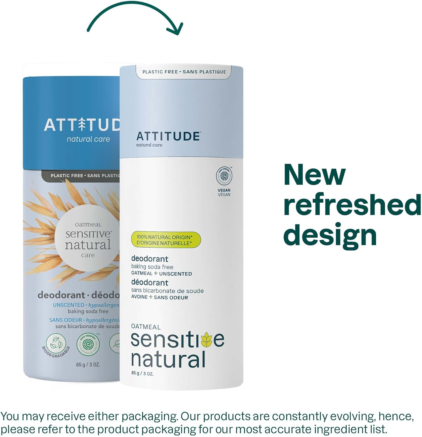 ATTITUDE Baking Soda Free Deodorant for Sensitive Skin with Oatmeal, EWG Verified, Aluminum Free, Plastic-Free, Unscented, 85 Grams image number 2