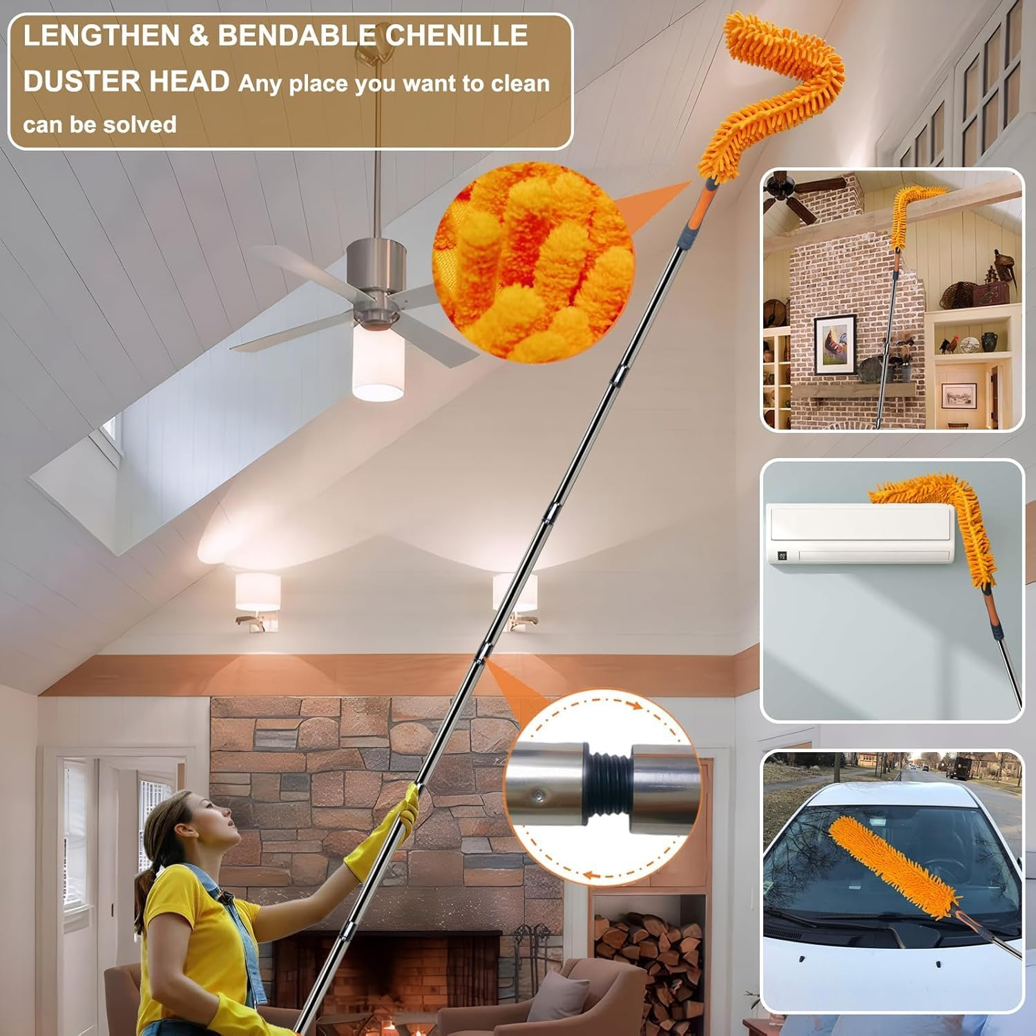 20 Ft+ High Reach Duster Kit with 3-13 Ft Detachable Pole//High Ceiling Chenille, Microfiber & Cobweb Dusters & Cleaning Tool for Home Indoor & Outdoor image number 5