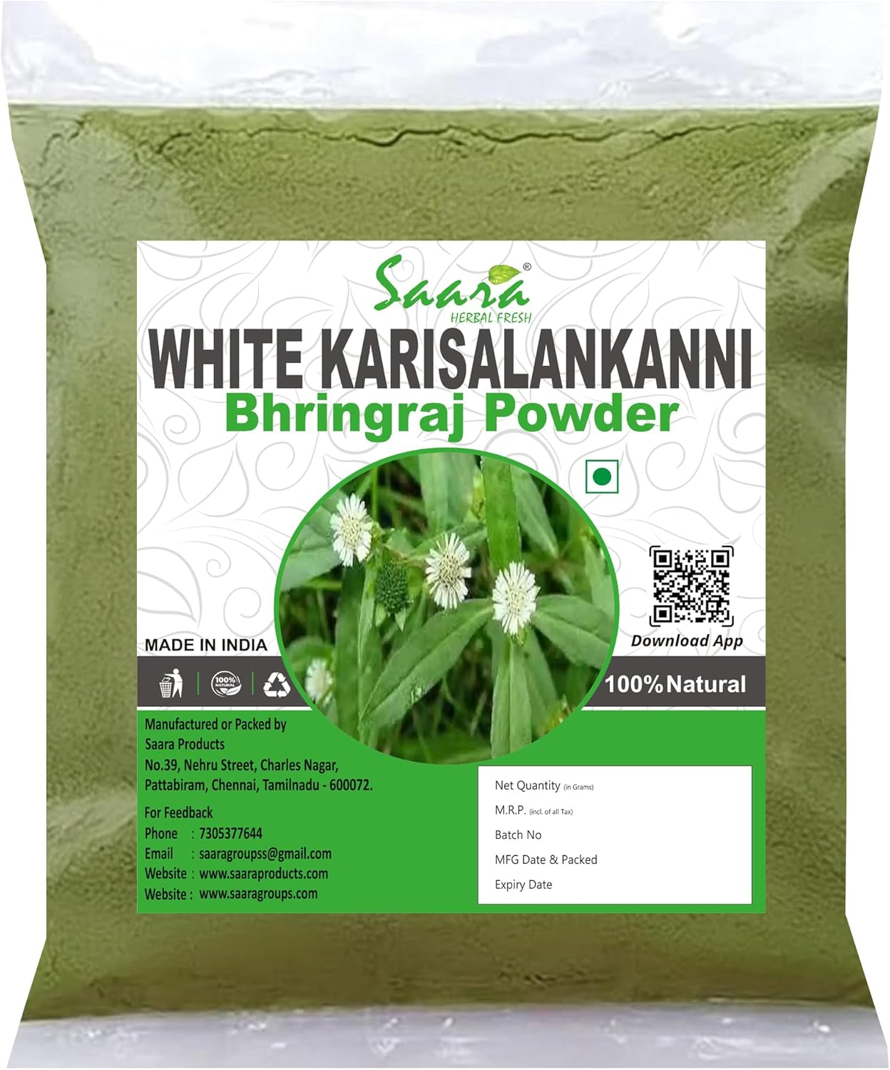 Saara HERBAL FRESH White Karisalankanni Powder, 100G, Bhringraj, Eclipta Prostrata, Gunta Kalagaraku, Kesaraja, Bhangra, for Hair Care (Pack of 1 X 100G)