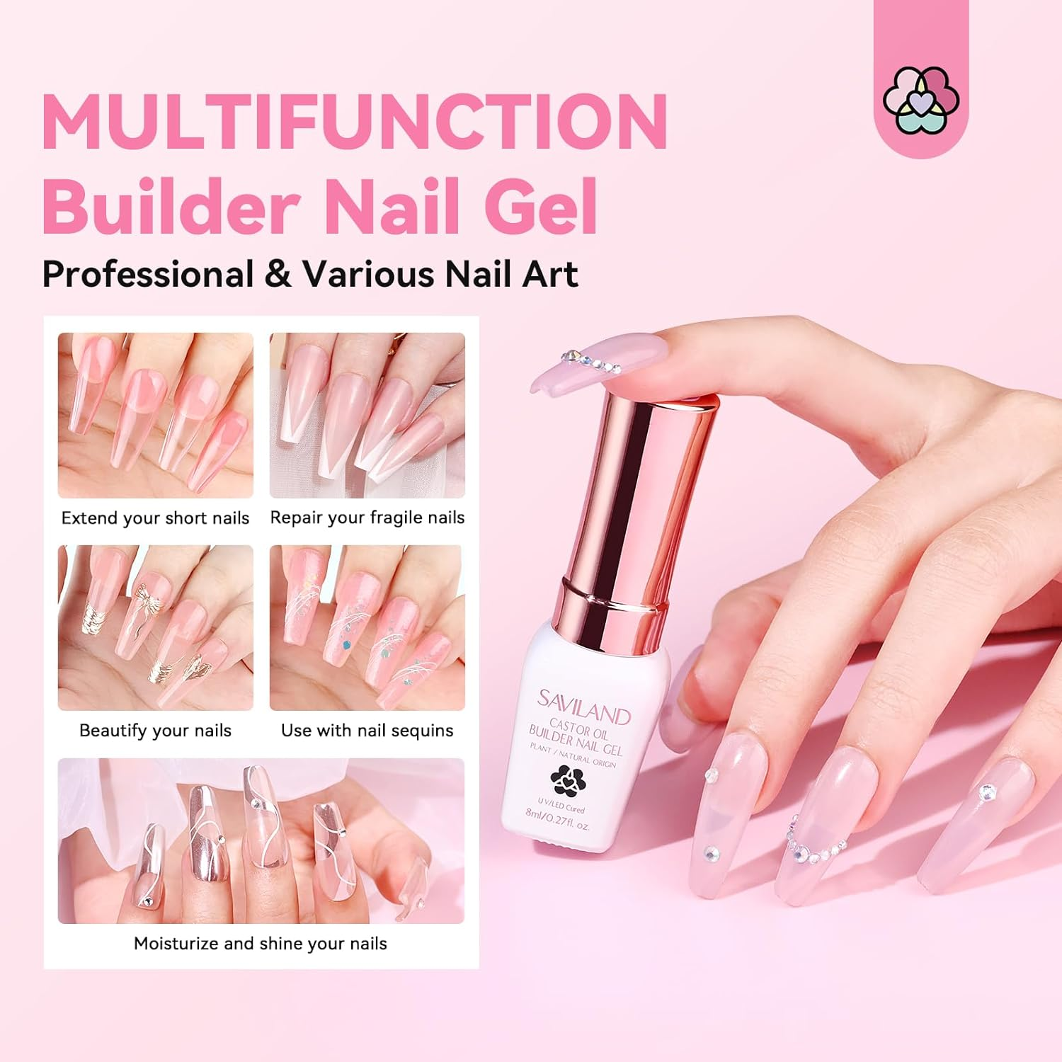 Saviland Builder Nail Gel Set: 12 Colors Castor Oil Gel Builder in a Bottle Vitamin E Hard Gel for Nails Extension Strengthener Gel Kit as Gifts for Women Home DIY Salon Nail Care Repair