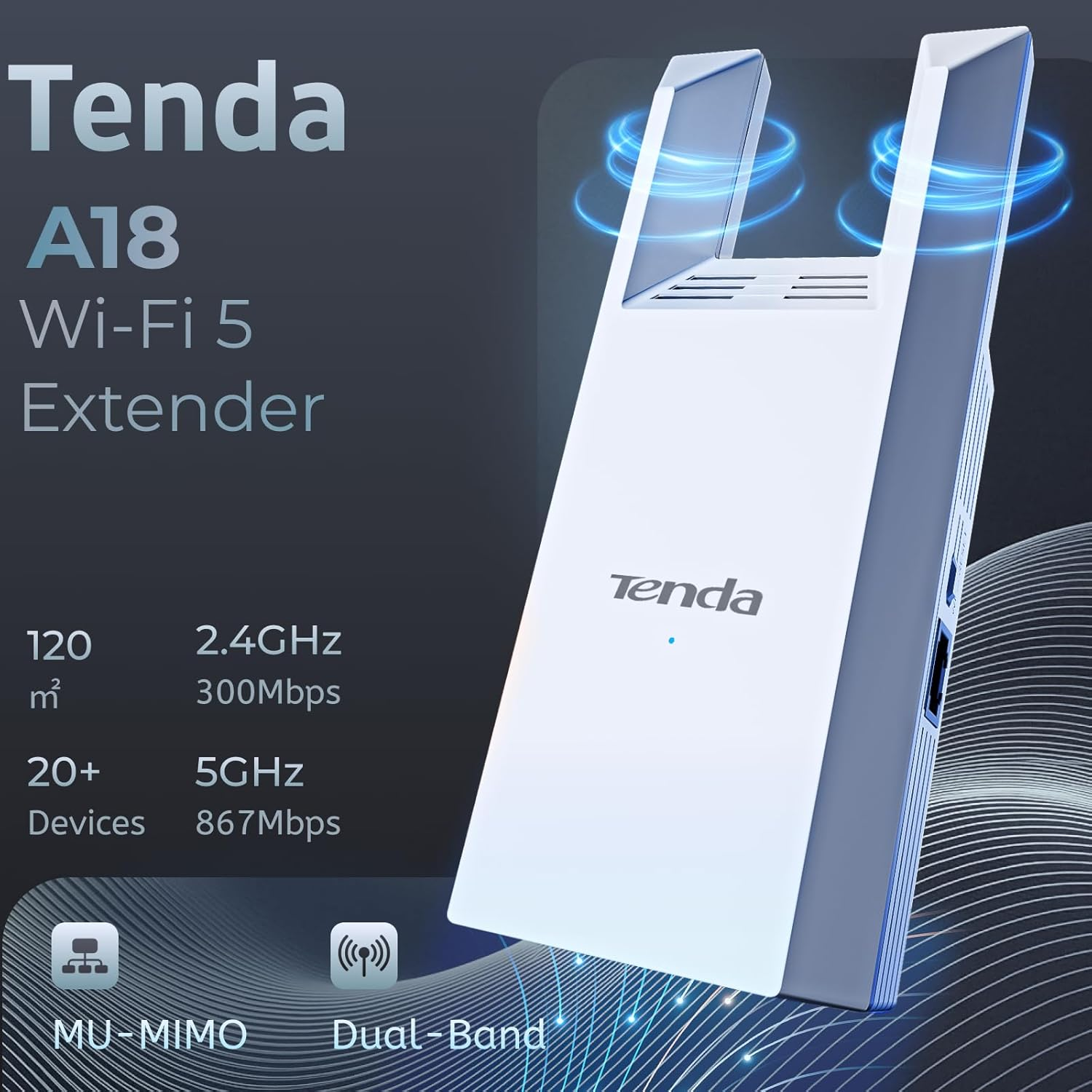 Tenda Wifi Range Extender AC1200, Covers up to 1300 Sq.Ft and 23 Devices, Dual-Band867Mbps 5Ghz/300Mbps 2.4Ghz, Wifi Booster Suitable for Every House, One Ethernet Port(A18 V4.0)