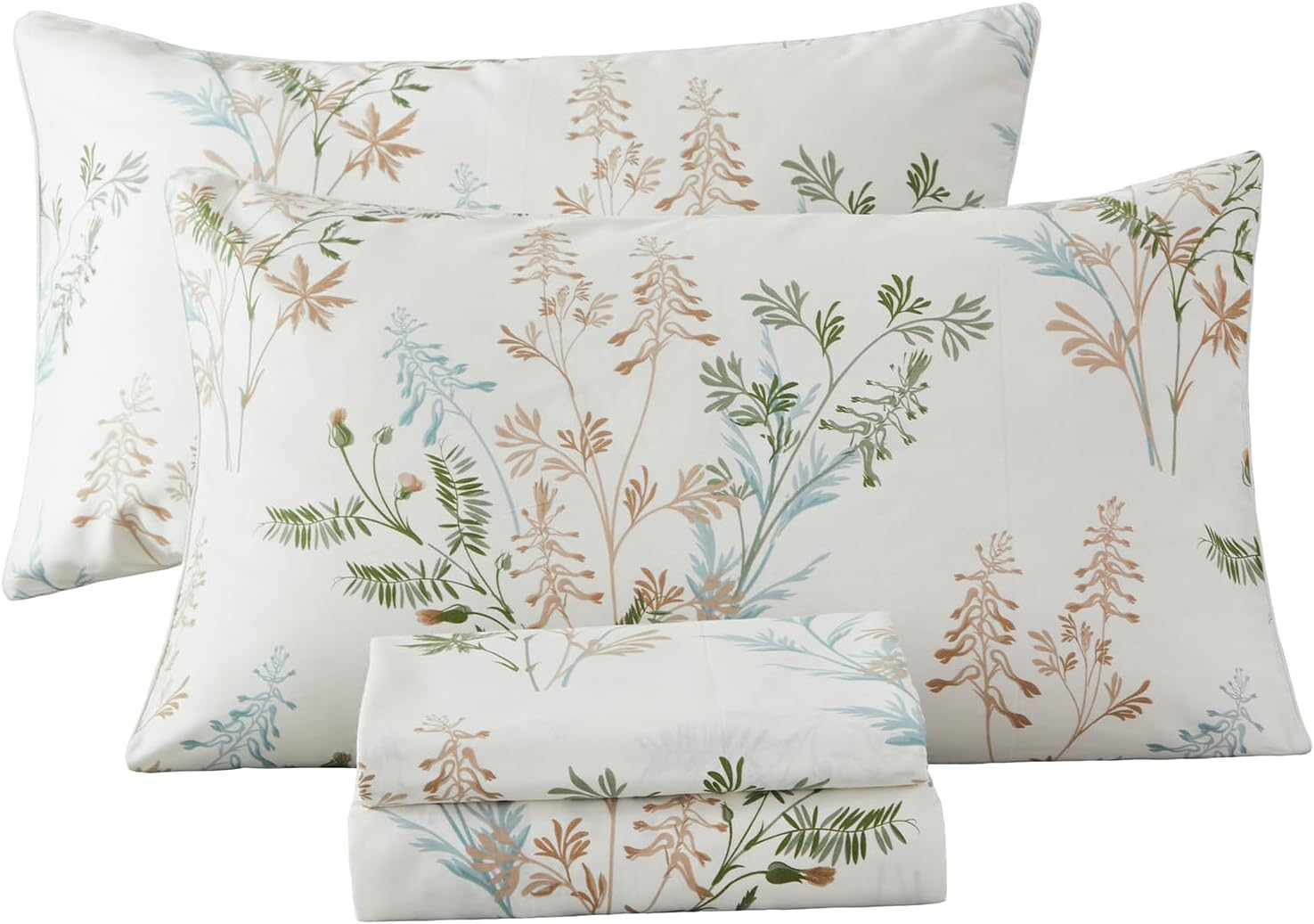 Helthep Floral Sheet Set Twin, 100% Cotton White Floral Printed Sheets Botanical Lily Pattern Sheets Red Chic Flower Green Leaves Luxury Percale Sheet with 17.5" Deep Pocket, Vintage French Bedding