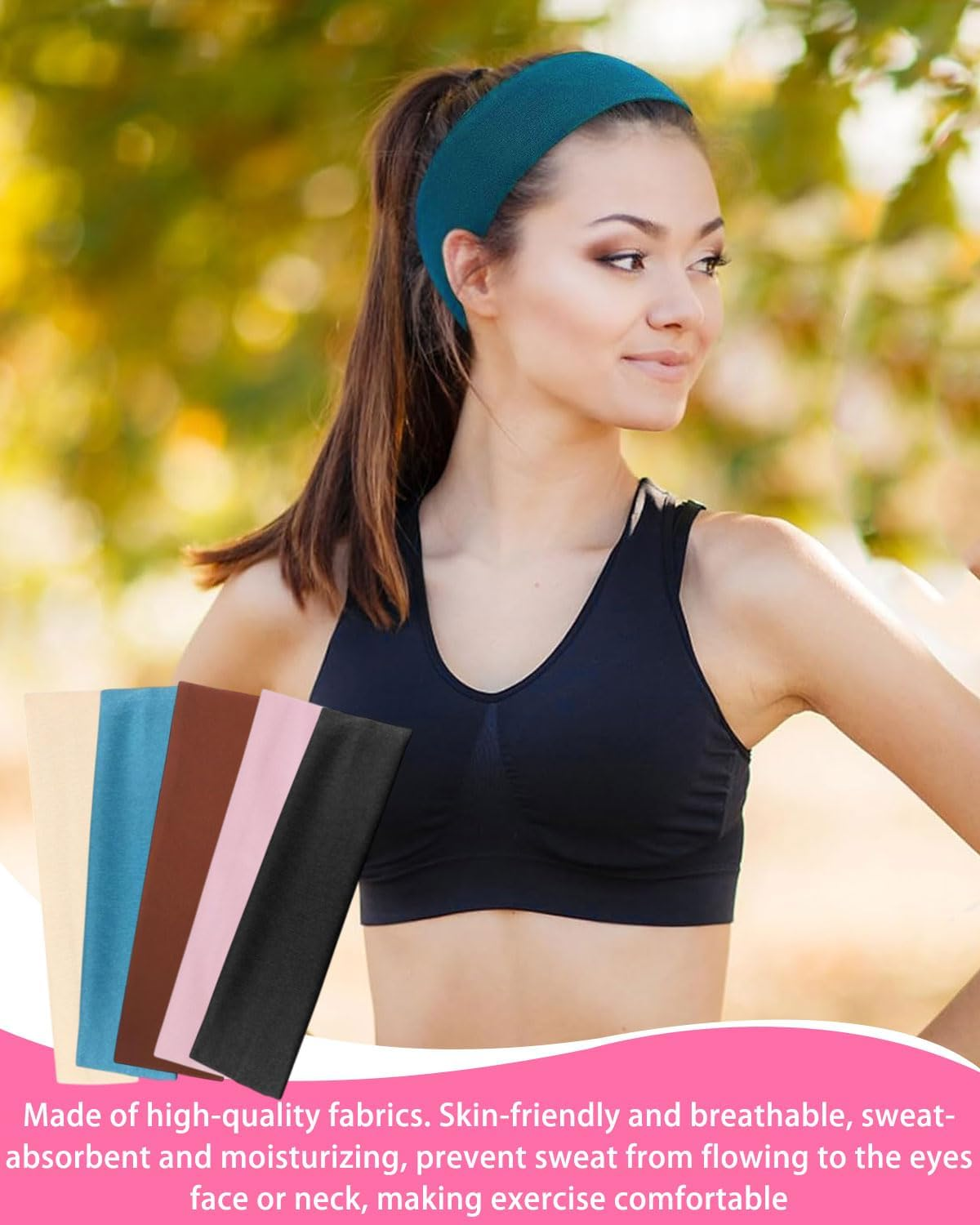 JUKOTA Pack of 5 Hair Bands, 5 Cm Wide Multicoloured Hair Band, Elastic Headband, Non-Slip Headband for Running, Cycling, Fitness, Yoga