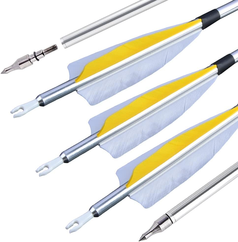 ZSHJGJR 31" Archery Aluminum Arrows 500 Spine Hunting Arrows with Removable Tips Natural Feather Fletchings Targeting Arrows for Compound & Recurve Bow 6/12 Pack