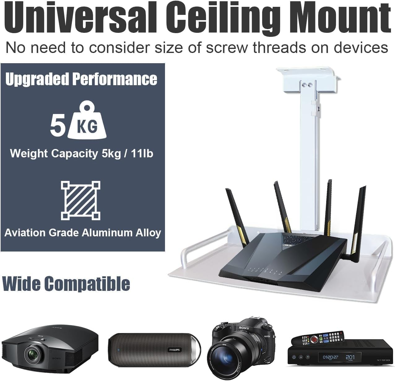 2-Be-Best Universal Projector Ceiling Mount with Tray, 11.8IN-20.5IN / 30CM-52CM Height Adjustable Projector Shelf Mount Extendable Ceiling Projectors Mounts Upgraded White image number 5