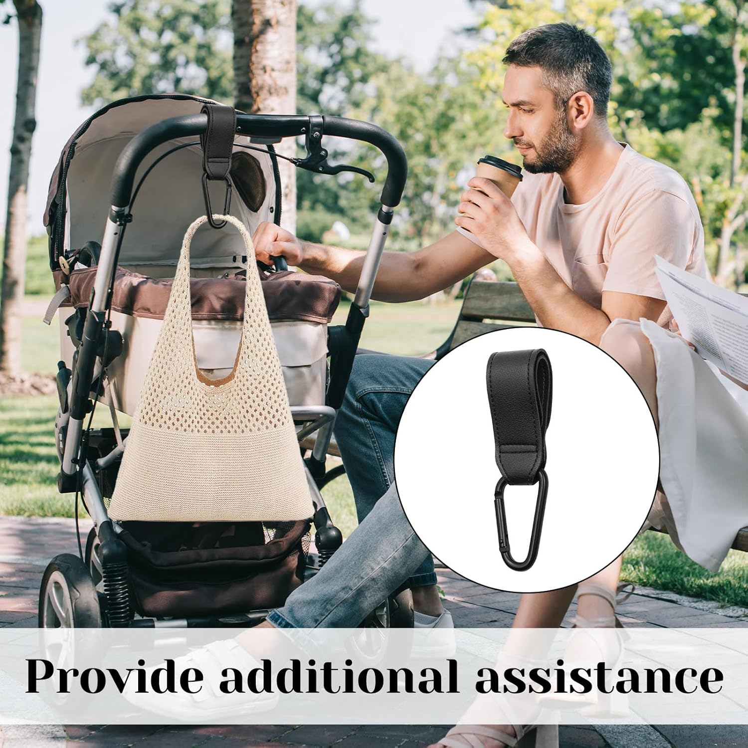 Pram Hooks, 4 PCS Pram Accessories, Baby Stroller Hook, 2 Leather Stroller Hooks + 2 Normal Loop - Hanging Straps, Multipurpose Hooks Pram Clips with Sturdy Carabiner and Strong Magic image number 3