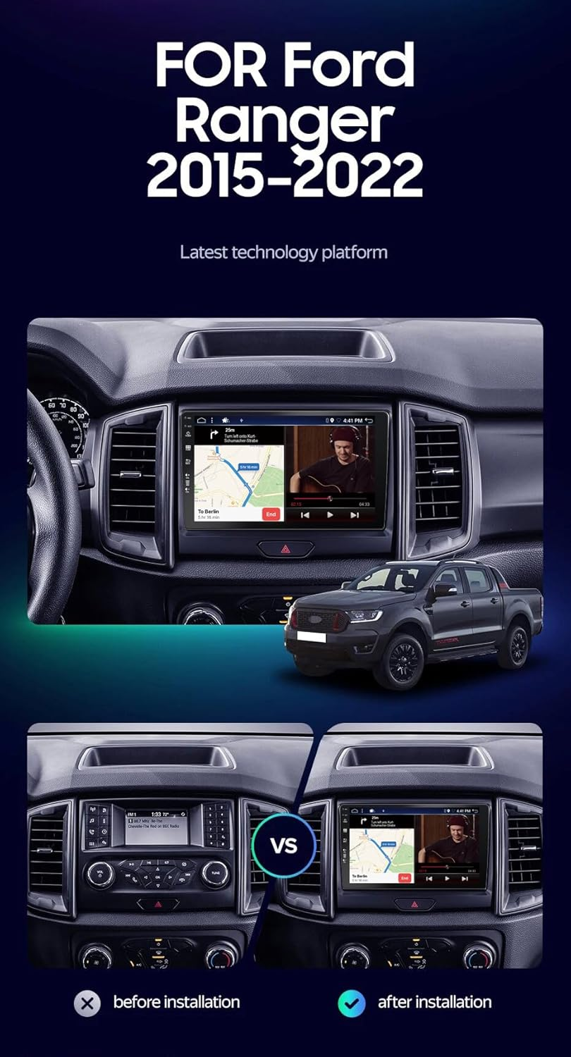 6G+128G - Android 14 IPS Car Stereo for Ford Ranger (2015-2020) - Wireless Carplay/Android Auto - LED Camera + MIC - 9 Inch 2 Din - DAB Steering Wheel Fast-Boot 360-CAM GPS Head Unit WIFI BT image number 3