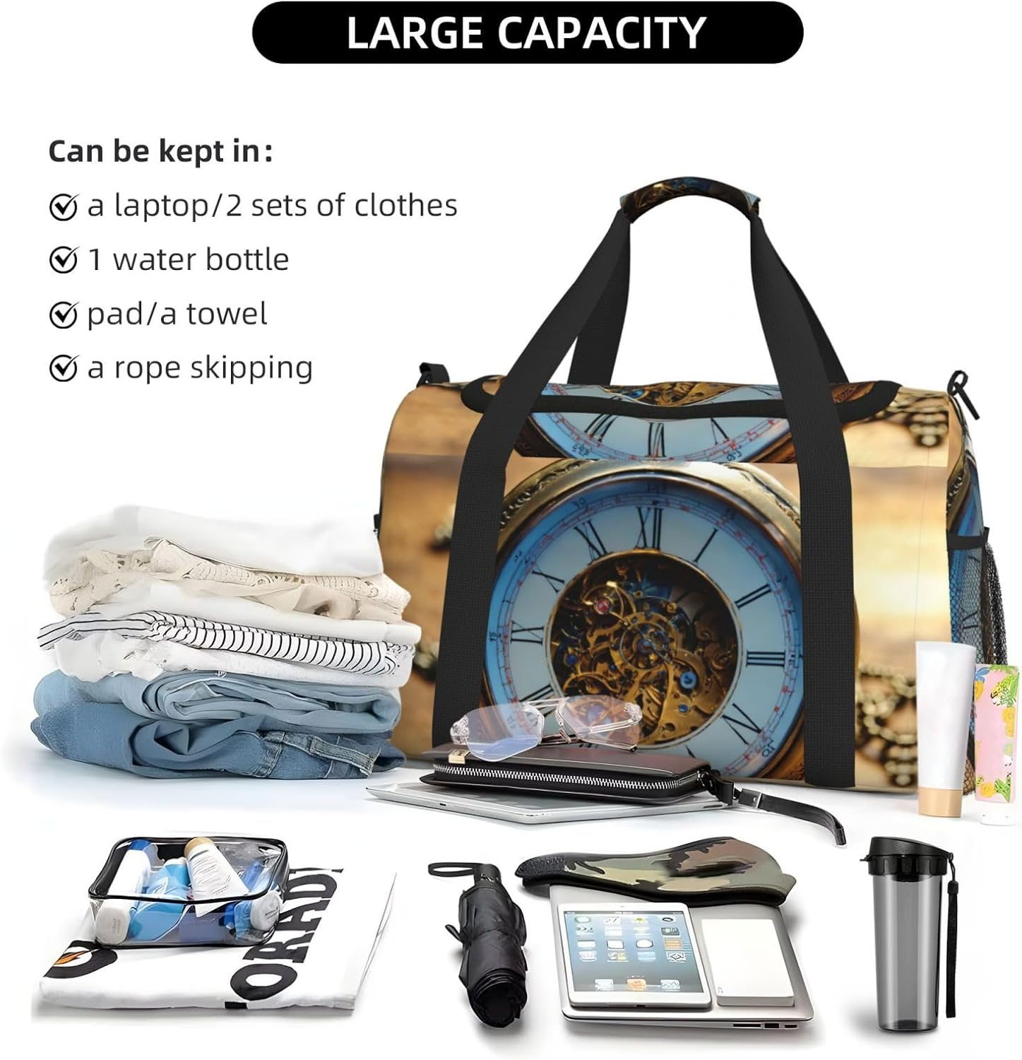 Gears Clock Bronze Century Print Functional Travel Tote Ample Space Travel Bag Foldable Carry on Tote for Weekender image number 6