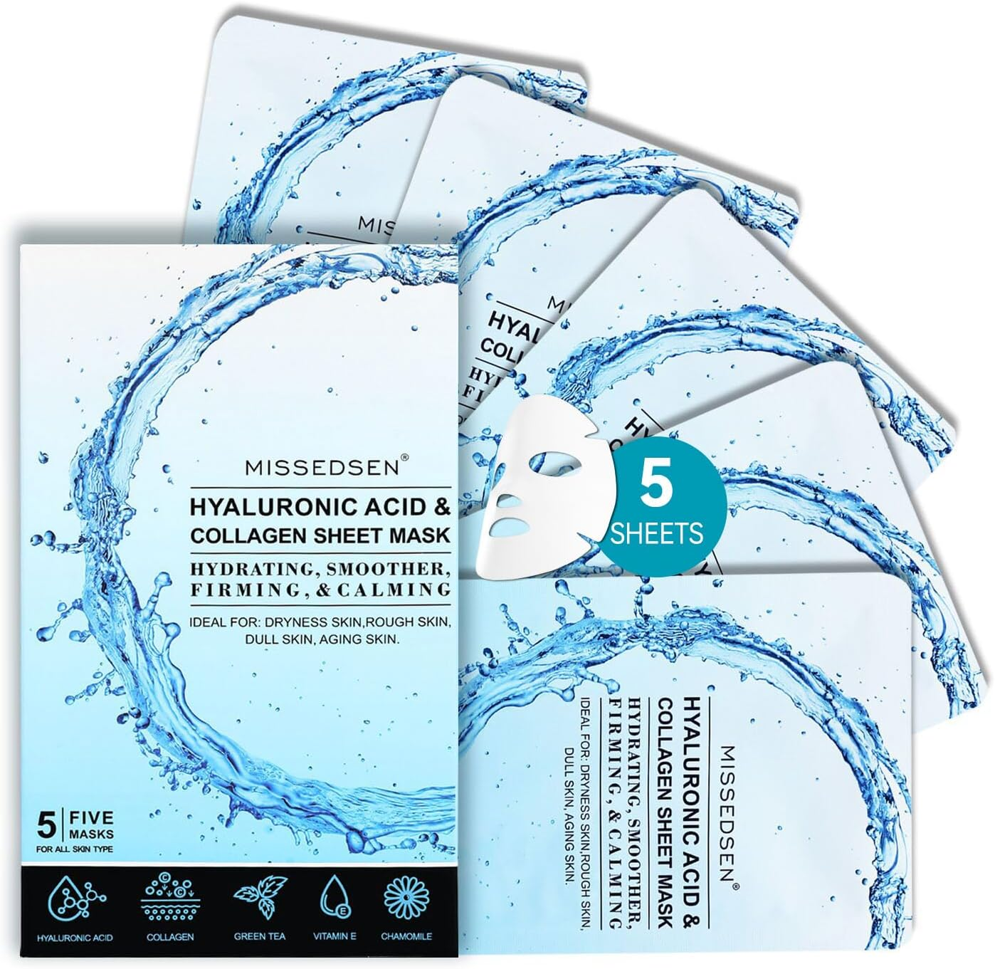 MISSEDSEN Hyaluronic Acid and Collagen Sheet Mask, Hydrating and Firming Face Mask, 5 Pack