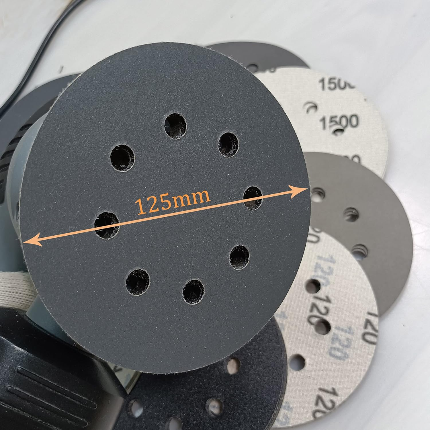 Piowio 50 Pcs 5 Inch 8 Holes Sanding Discs 120 180 240 320 400 600 800 1200 1500 2000 Compatible for Random Orbital Sander (#120 - #2000 Each Grit 5 Pcs Black) image number 6