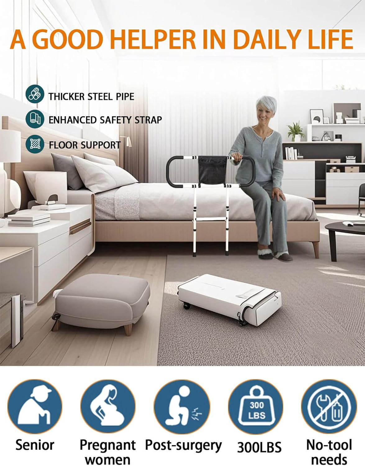 Bed Rails for Elderly Adults Safety, Adjustable Bed Side Rails Handle, Extended Bed Assist Rail for Seniors, Support Bar Bed Guard Rail with Storage Bag Fixing Strap King Queen Full Twin Bed image number 1