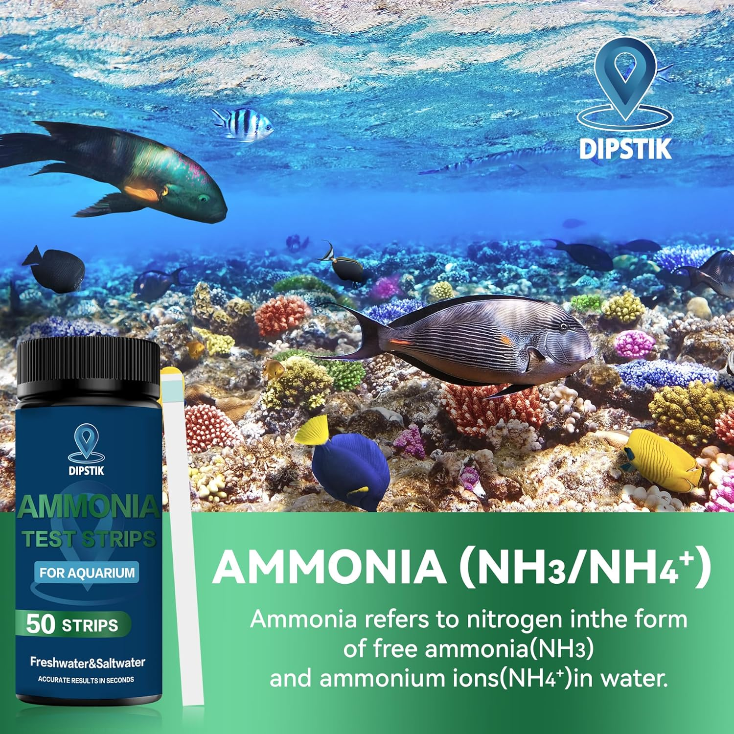 DIPSTIK Ammonia Test Strips for Fish Tank,Feshwater & Saltwater Aquarium Water Test Kit (50)