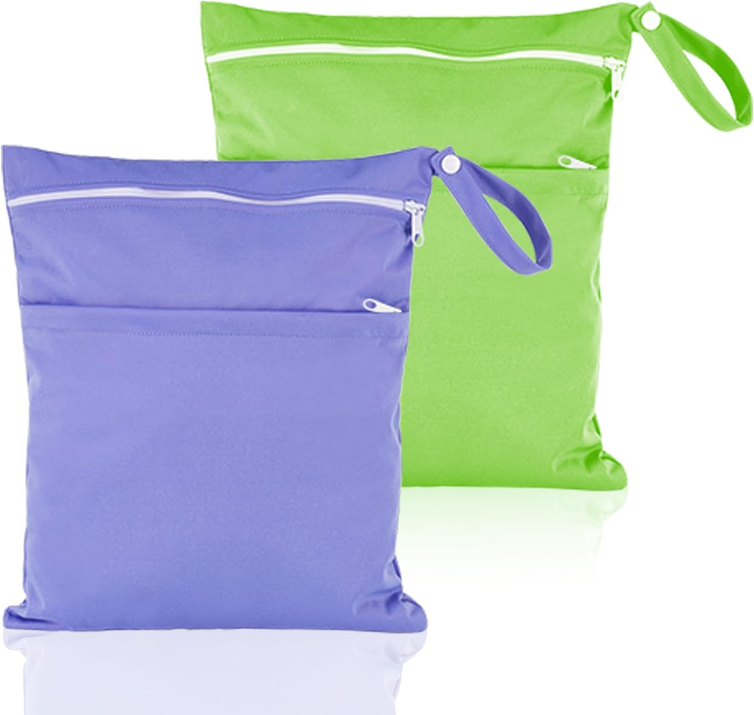 2 Packs Wet Bag, Waterproof Wet Dry Bags Reusable Washable Cloth Diaper Bags Nappy Bags with Double Zipper Pockets for Baby Items Wet Clothes Swimming Gym Pool Beach Bag, Purple+Green, - Blue+Green image number 7