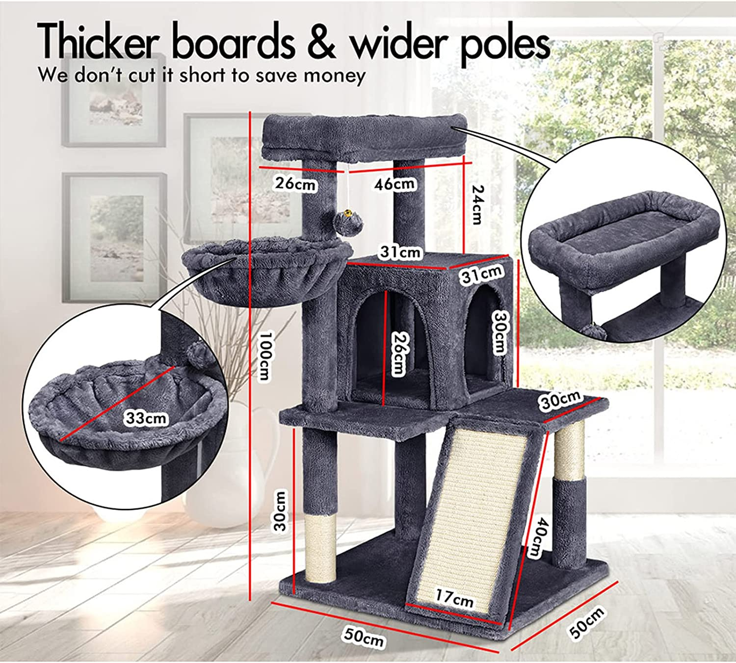 BEASTIE Cat Tree 100Cm Multi-Level Cat Tower with Scratching Posts, Cat Condo Play House Wood Furniture for Kittens Climbing and Rest, Sisal-Covered Cat Scratcher Tower with Plush Perch in Grey Colour - Grey image number 6