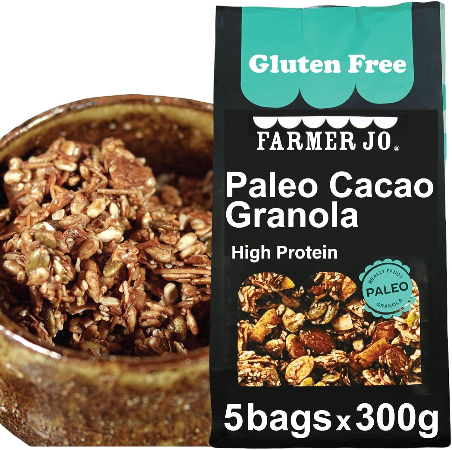FARMER JO Paleo Cacao Gluten Free Granola - High Protein 23.4G Healthy Chocolate Flavored Breakfast Cereal | Keto Freindly, Dairy Free, Grain Free, High Fibre, Low Sodium - Resealable Bag (5 Bags X 300G) image number 3