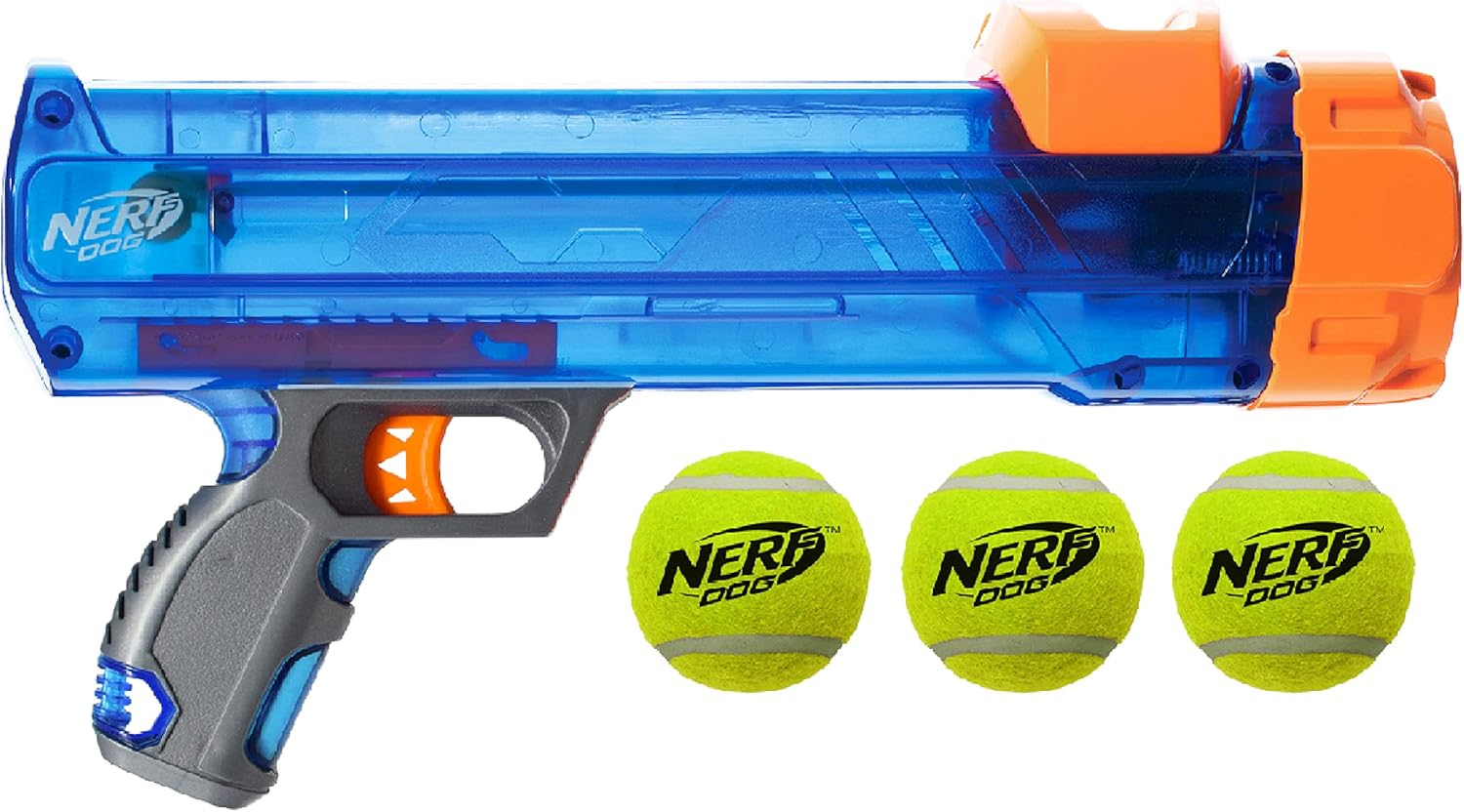 Nerf Dog Tennis Ball Blaster Dog Toy, 12 in Translucent Blaster with 3 Balls image number 4