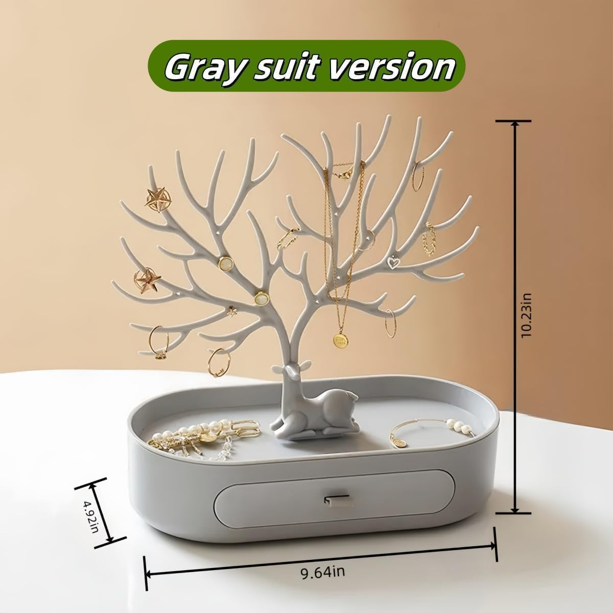 Antler Tree Jewelry Organizer Stand with Storage Drawer and Tray for Necklaces, Rings, Earrings, and Bracelets (Grey) image number 4