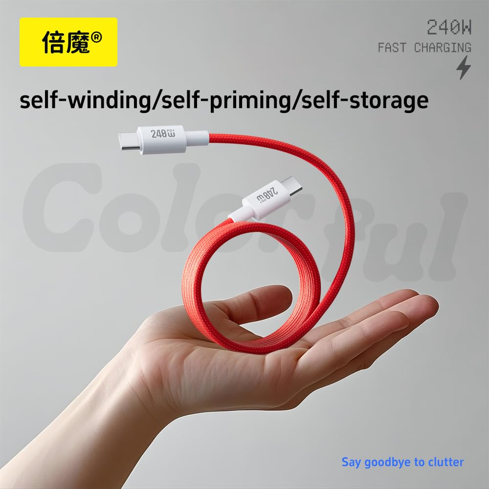 BASEMO 240W USB-C to USB-C Fast Charging Cable with E-Marker, Braided Nylon, Magnetic Storage, Compatible with Iphone 16, Huawei, Samsung, Laptop, Tablet - 1.0M image number 4