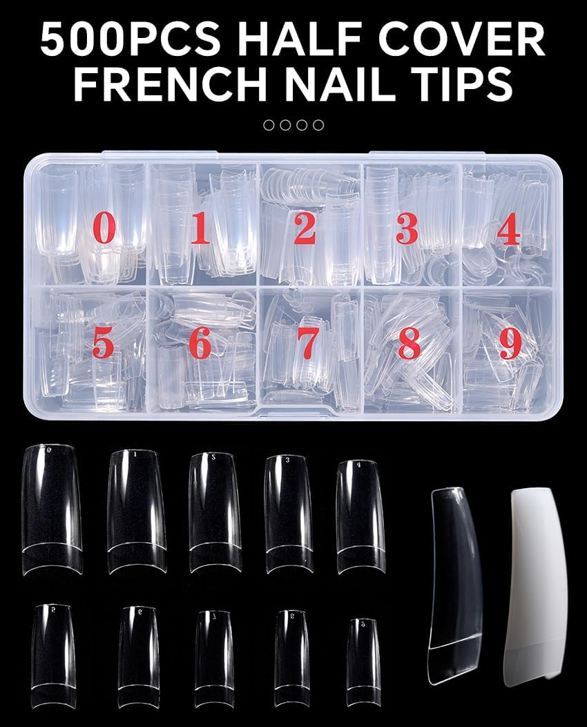 KADS 500Pcs Clear Half Cover Nail Tips Coffin Shaped Artificial Nail Tips 10 Sizes Pre Shaped False Gel Nail Acrylic Extension Nails for Nail Salons and Home DIY (Transparent) - Natural image number 6