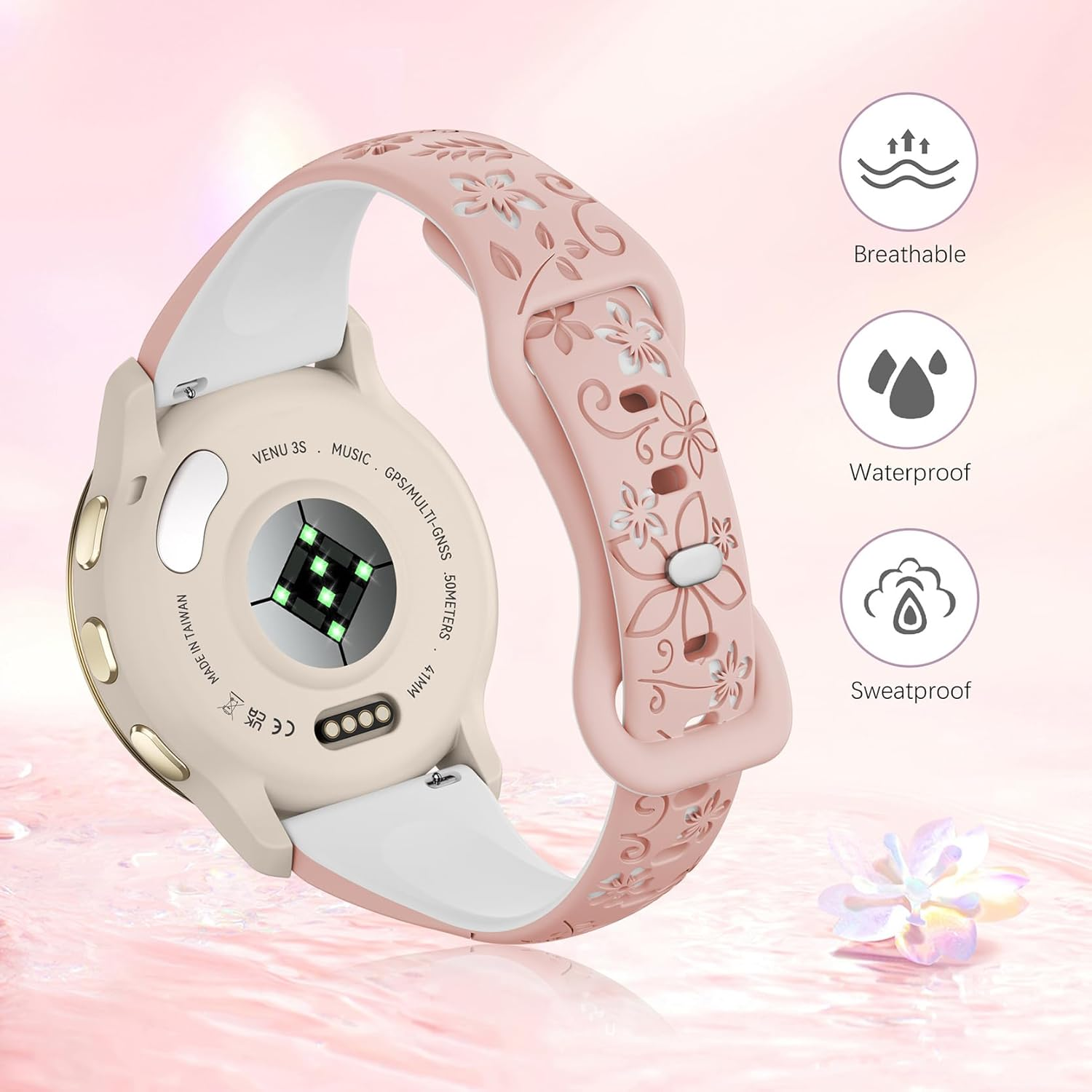18Mm Floral Engraved Slim Band Compatible with Garmin Venu 3S/Venu 2S/Vivoactive 4S/Vivomove 3S/Venu 4 41Mm/Forerunner 255S/Forerunner 265S,Soft Silicone Cute Embossed Flower Strap for Men image number 6