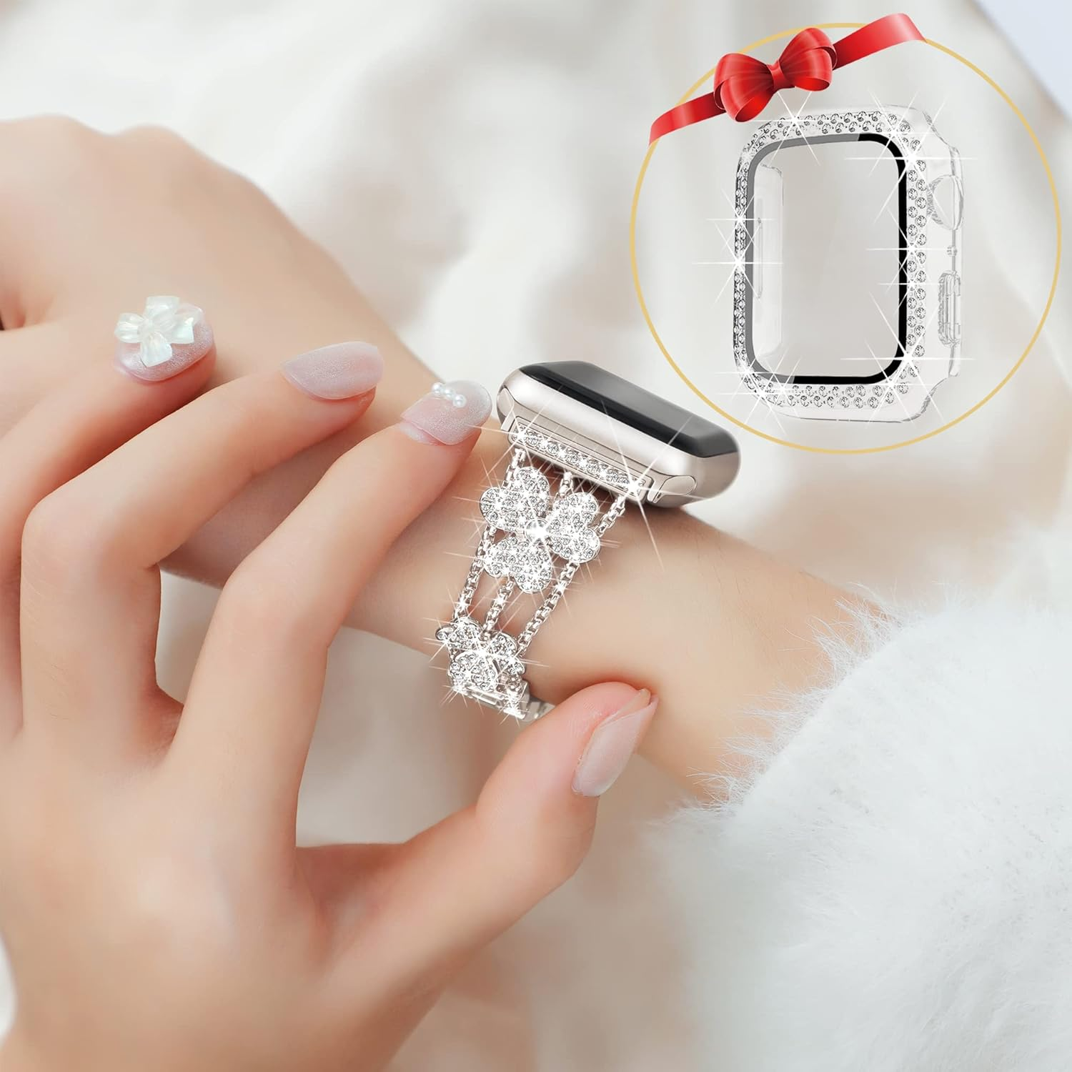 Vamyzji Compatible Apple Watch Band + 45Mm Bling Diamond Protective Case with Screen Protector, Easy Adjustable Jewelry Metal Band Bracelet for Apple Watch Series 9, 8, 7 (Starlight) image number 4