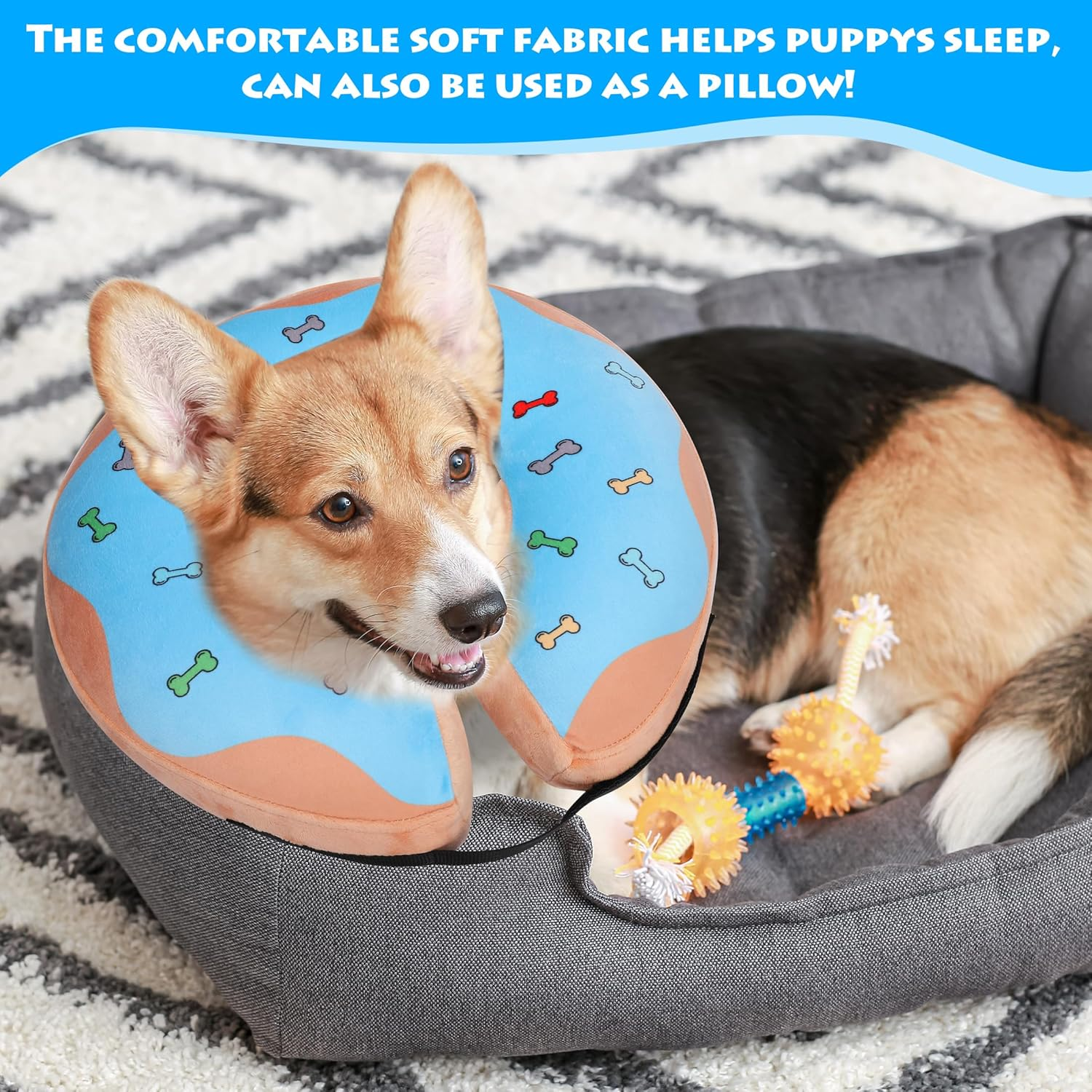 Inflatable Recovery Dog Cone, Protection Dount Collar for Small Medium Large Dogs, Adjustable Soft E-Collar for Dogs and Cats after Surgery, Cute Dog Bone Pattern (Blue, Small) image number 4