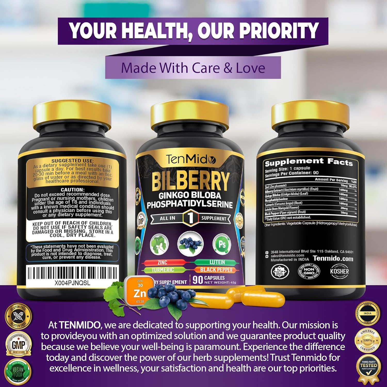 Tenmido Bilberry Extract Capsules - 7In1 with Zinc, Ginkgo Biloba, Phosphatidylserine, Turmeric, Lutein & Black Pepper - 90 Vegan & Non-Gmo Capsules image number 3