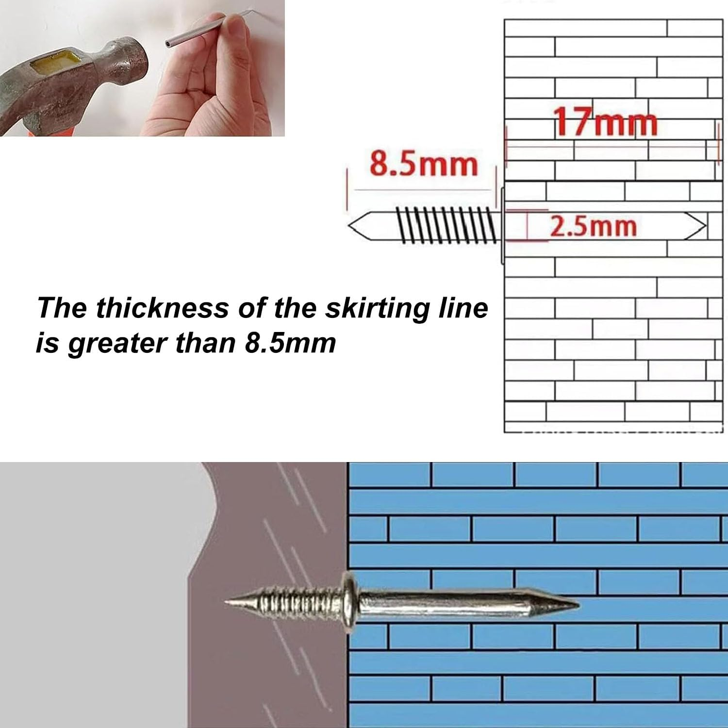 100 Pack Double-Head Skirting Thread Seamless Nail, Skirting Board Nails, Double Head Sheep Horn Nails No Trace, Nail for Home D&eacute;cor, Furniture and Construction with Nail Specific Sleeve Tool image number 4