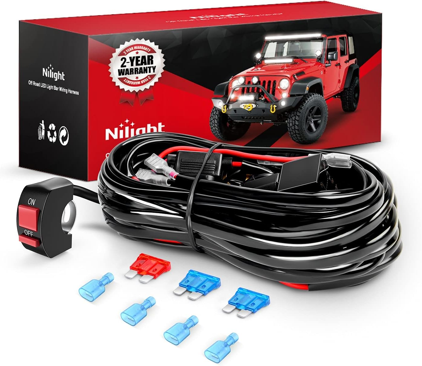 Nilight LED Light Bar Wiring Harness Kit Motorcycle Handlebar Switch 16AWG 2 Leads 12V on off Push Button Switch for Motorcycle ATV UTV Driving Lights 7/8Inch (10045W) image number 4