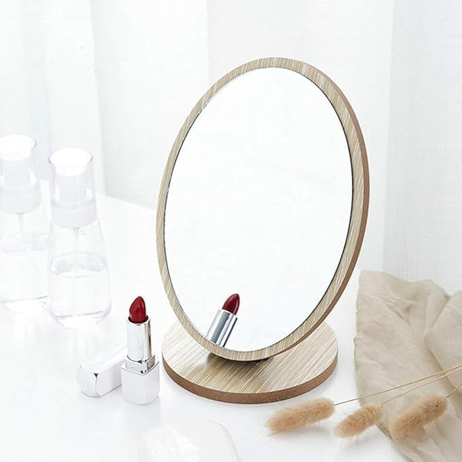 Small Table Mirror Makeup Mirror (Natural Bamboo Stand) Double-Sided 360 Degree Rotating Magnifying Mirror Portable Desktop Mirror Bathroom Shaving Makeup Mirror Vanity Mirror for Gym image number 3