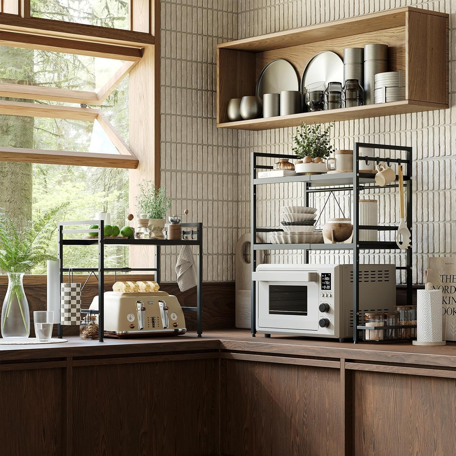 Neulsun Expandable Microwave Stand, 2 Tier Metal Kitchen Countertop Organizer Shelves with 6 Hooks, Microwave Shelf, Microwave Oven Rack (Black)