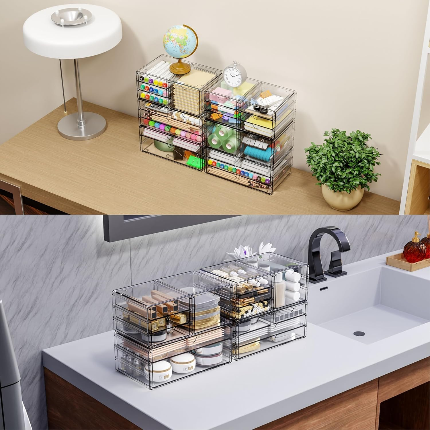 Yieach 3Pack Clear Drawer Organizers Stackable,Acrylic Storage Drawers with 10 Drawers,Multipurpose Office Supply Organizer and Makeup Organizer for Beauty,Craft,Pen,Medical,Stationary Desk Organizers image number 2