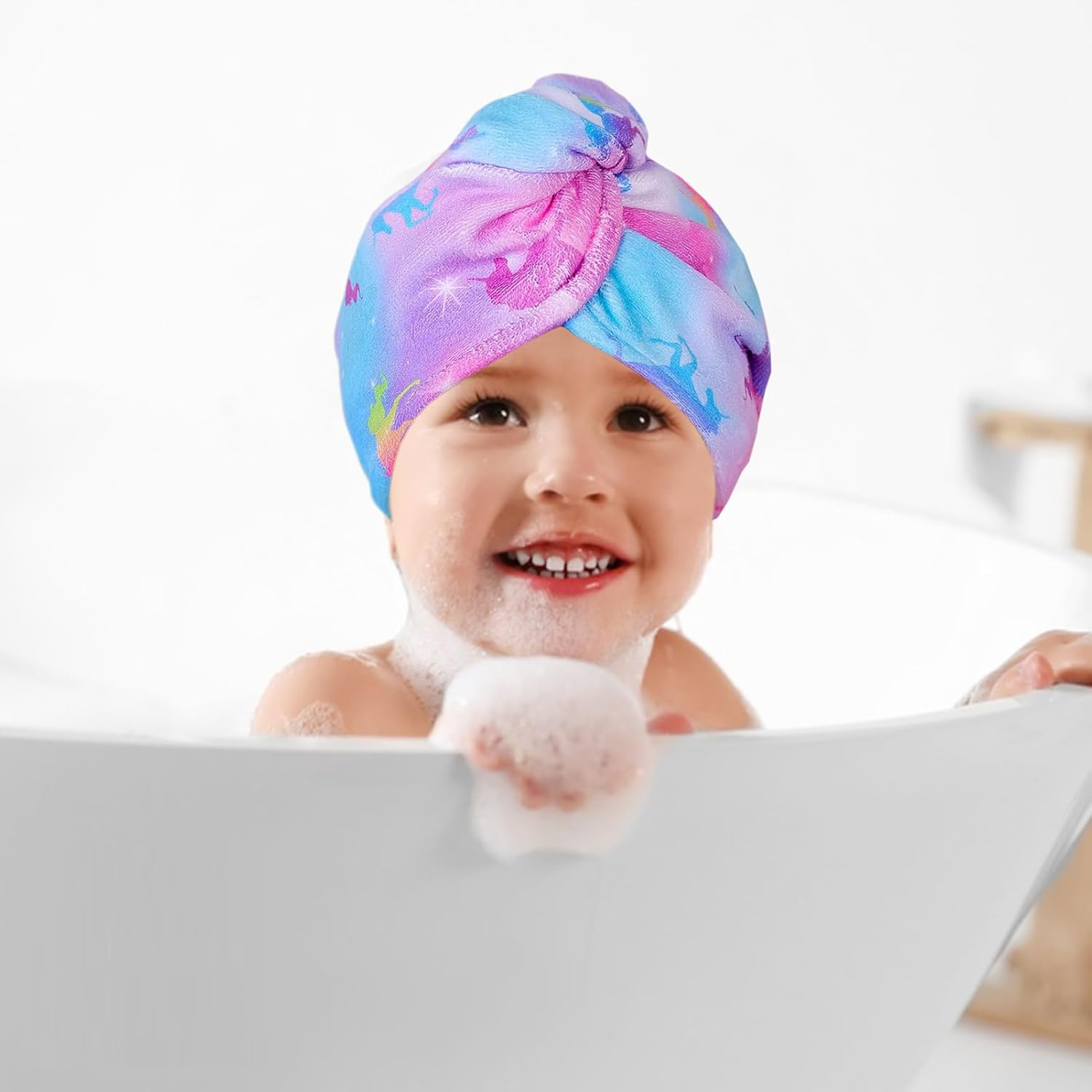 Microfiber Hair Towel Wrap for Kids, 2 Pack Fast Drying Hair Wrap with Buttons, Quick Dry Twisty Hair Towels Wrap for Curly Long Thick Hair anti Frizz (2Pcs Unicorn, One Size) image number 5