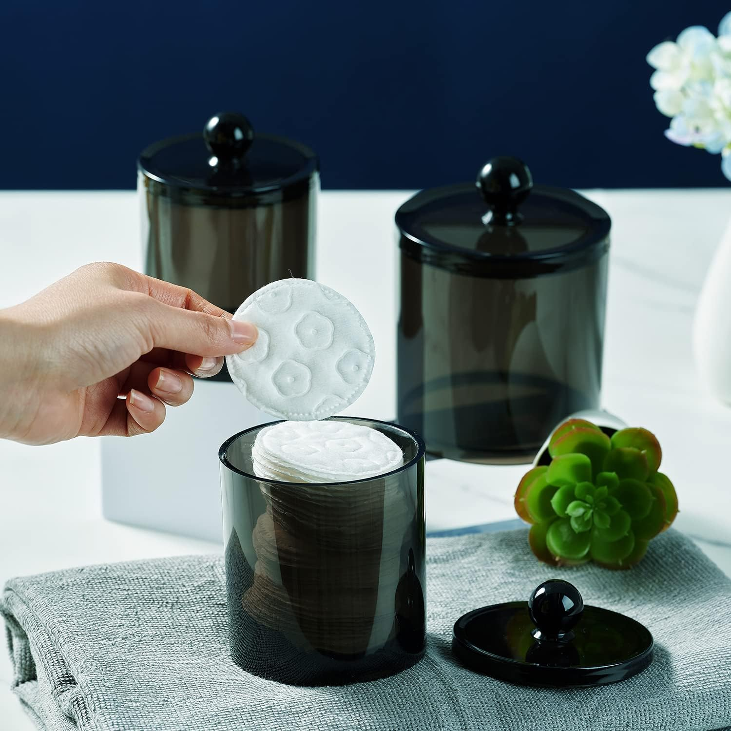 Sheechung 3 Pack Qtip Dispenser Apothecary Jars Bathroom with Labels 12 Oz Black Plastic Qtip Holder Storage Set image number 2