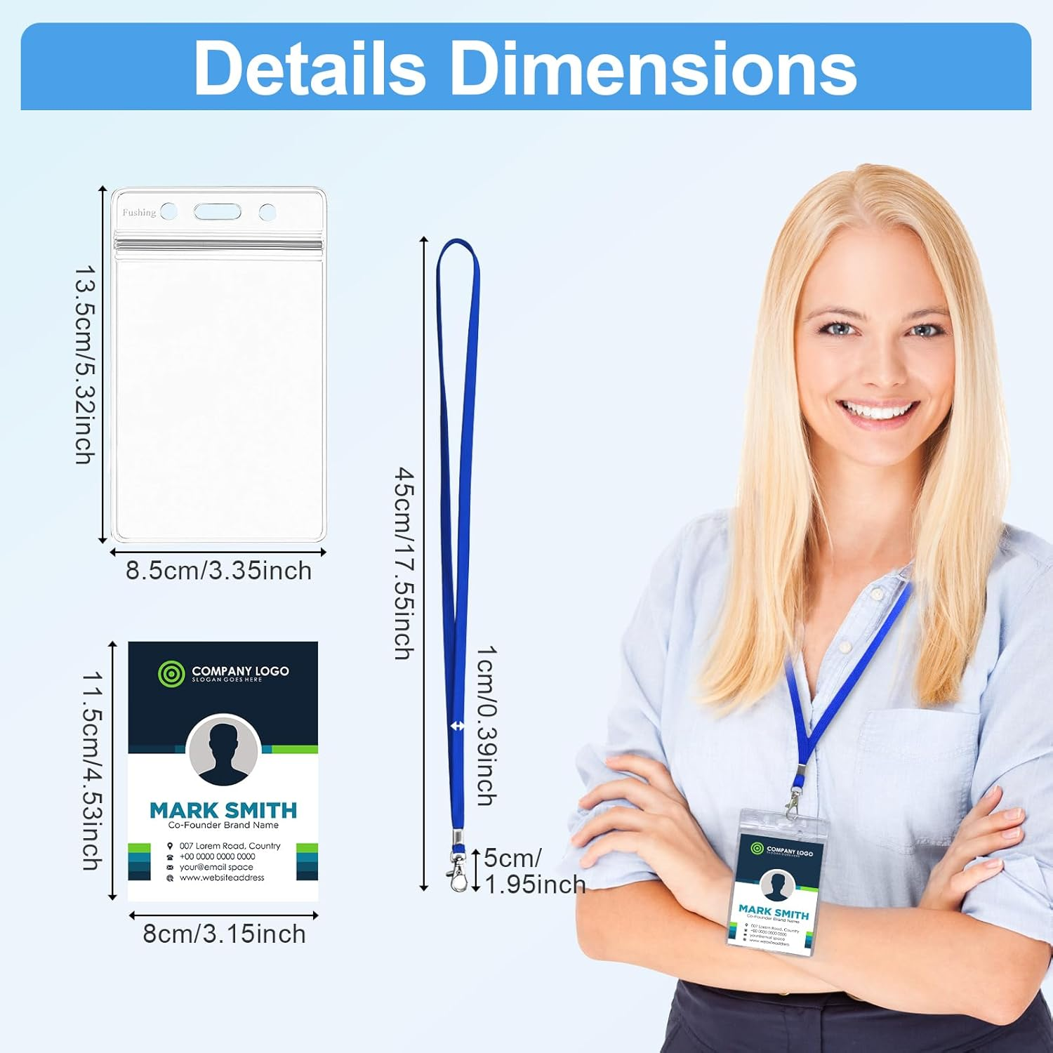 Fushing 50Pcs Clear Plastic Vertical Name Tags Badge ID Card Holders and Blue Neck Lanyards with Swivel Hook for School, Festival, Event image number 2