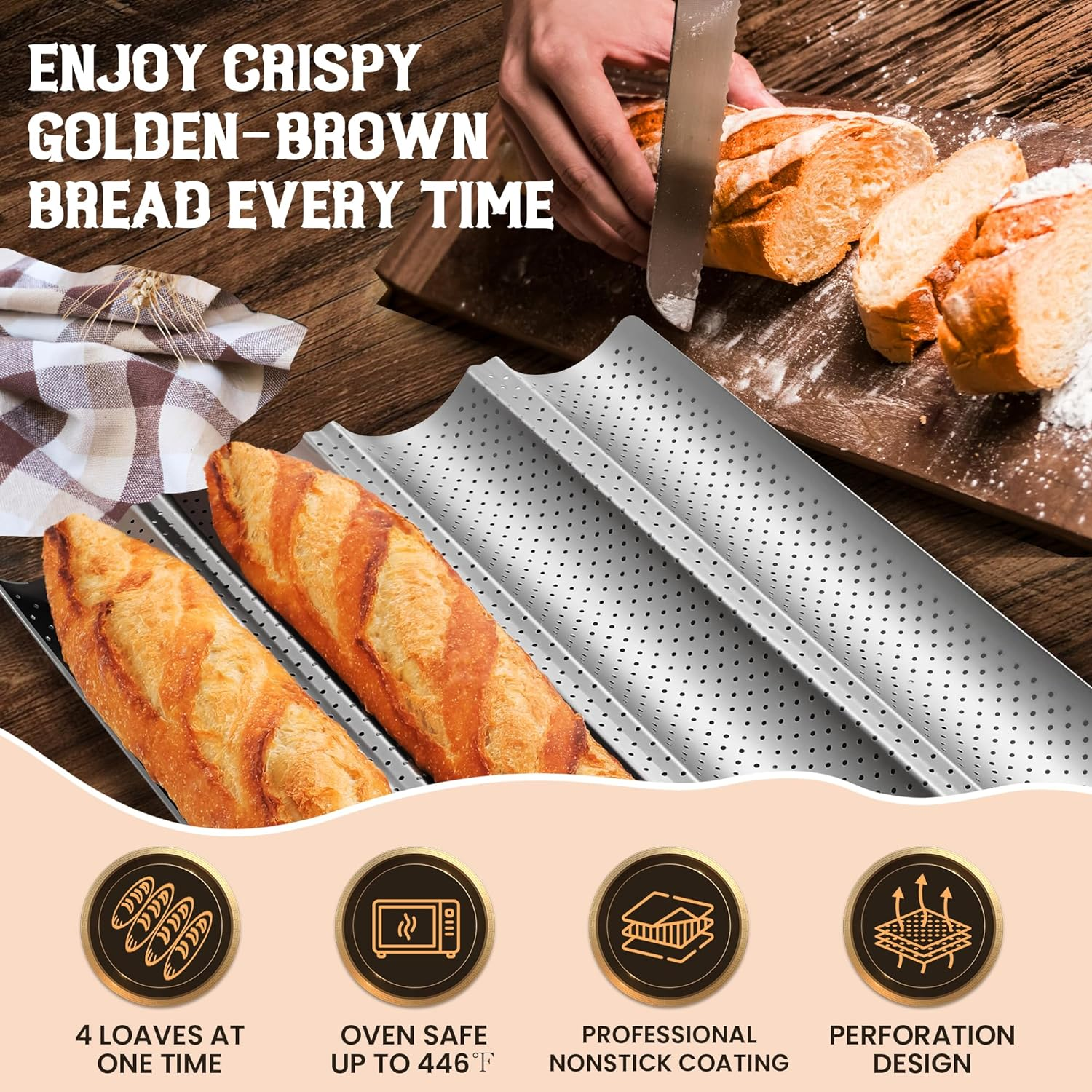 Pavsrmy Baguette Bread Pan, Premium Nonstick Perforated Baguette Pan for French Bread Baking, 4 Loaves Baguette Baking Tray for Sourdough, Italian Bread, Perfect for Creating Crisp Golden-Brown Crust image number 6