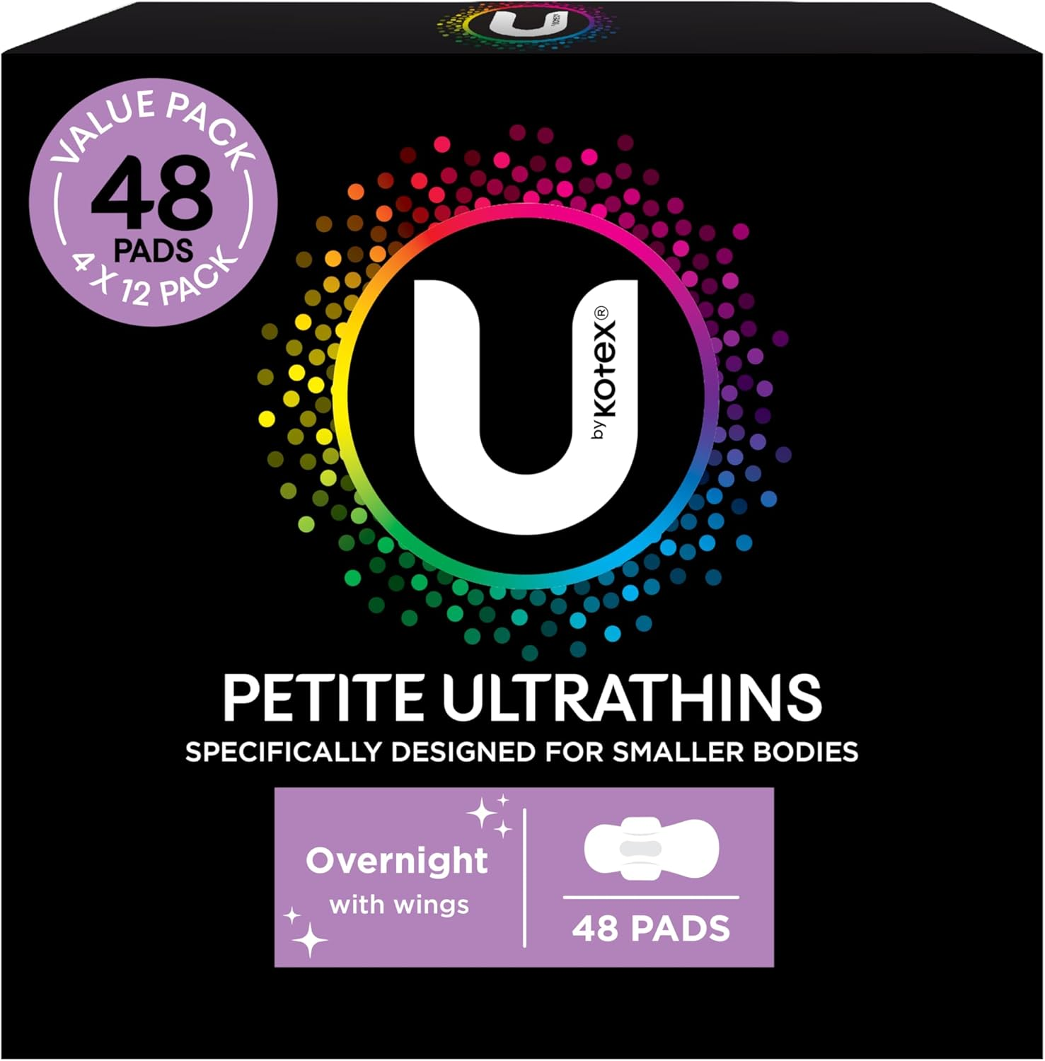 U by Kotex Petite Ultrathin Pads Overnight with Wings 48 Count (4 X 12 Pack) - Packaging May Vary