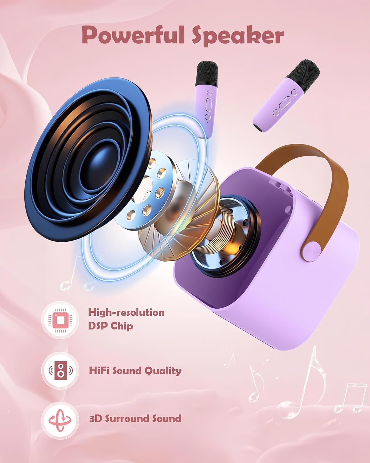 Mini Karaoke Machine Speaker for Kids Adults, Toys for Girls Boys Friends Age 3-12+, Birthday Gifts Portable Bluetooth Speaker with 2 Wireless Mics for 5 6 7 8 9 10 11 Years Teens Girl Boys (Purple) image number 2