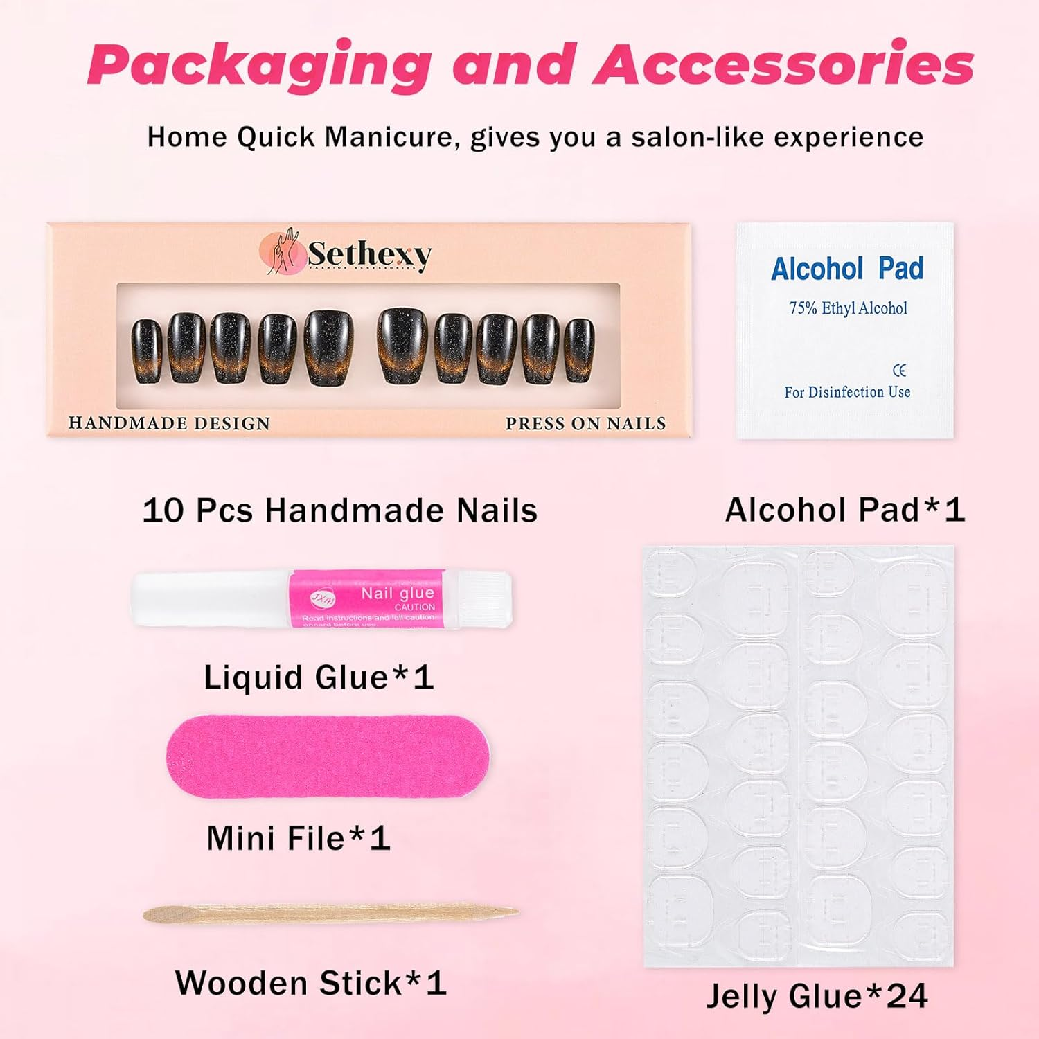 Sethexy Handmade Black Cat Eye Gradient False Nails Sparkle French Medium Press on Nails Sparkle Shiny Acrylic False Fingernails Removable for Women and Girls