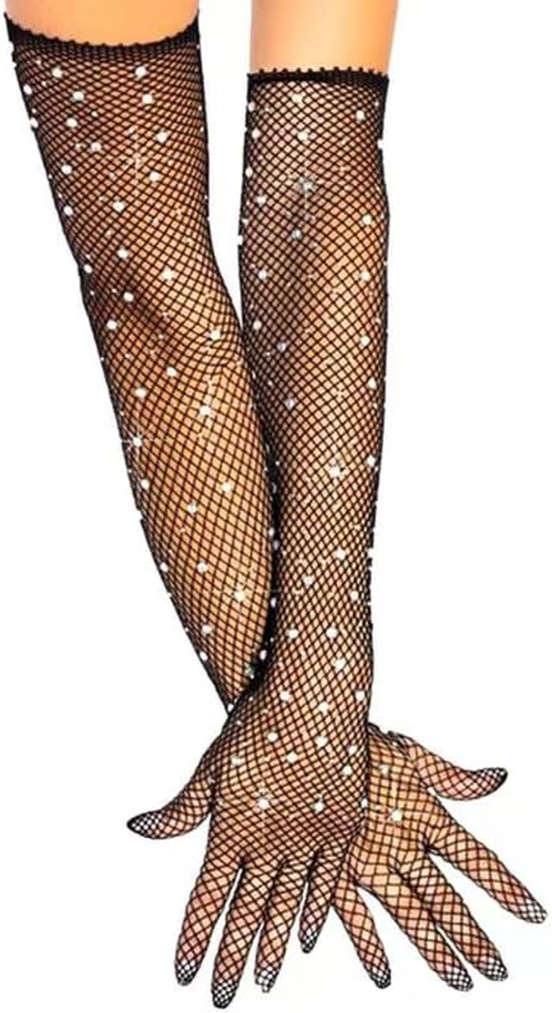 Women'S Rhinestone Fishnet Long Gloves Stretchy Opera Party Gloves Sparkly Mesh Stockings Gloves for Wedding Halloween Cosplay Tea Party Banquet Nightclub image number 5