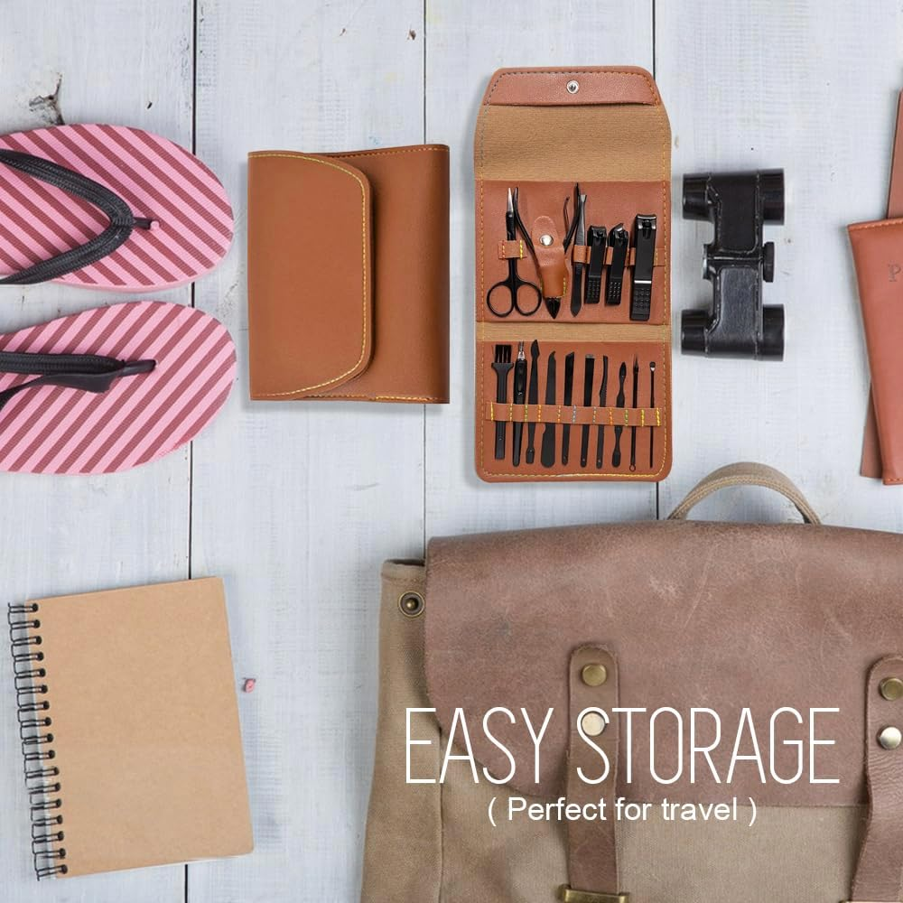 Manicure Set Professional Nail Clippers Pedicure Kit 16Pcs, Portable Stainless Steel Nail Kit Nail Clipper Set Manicure Set, Pedicure Kit Grooming Kit with Brown Leather Case for Men Women (Brown) image number 6