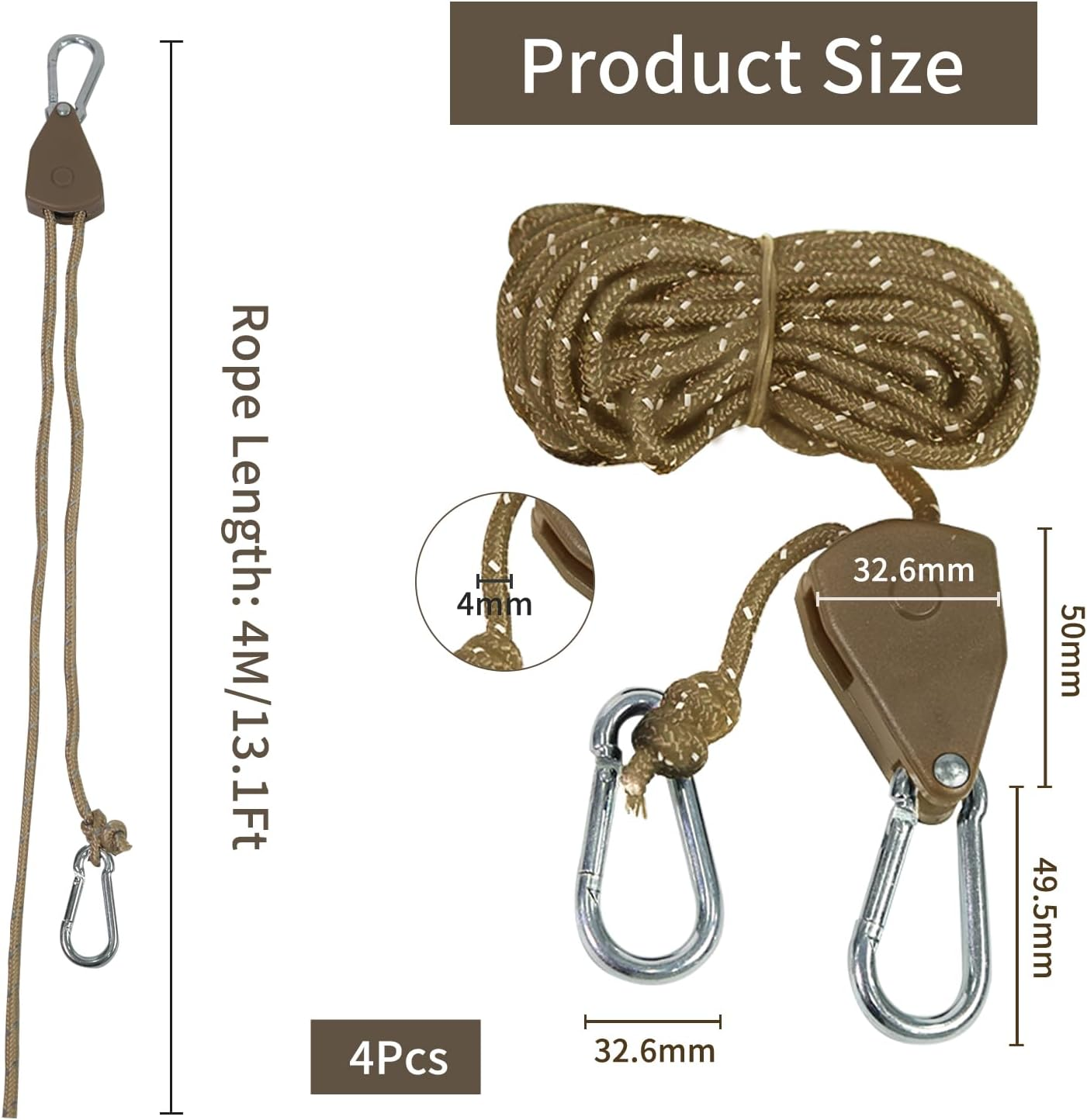 4 Pcs 4M Tent Guy Ropes with Pulley, 4Mm Reflective Adjustable Guide Ropes, Heavy Duty Rope Tensioner Ratchet with Aluminum Adjuster for Outdoor, Camping, Hiking, Awning, Tents, Plant Growing image number 6