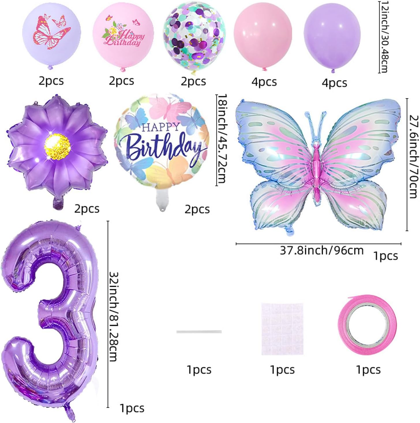 Butterfly Daisy Number Balloons 3Nd Happy Birthday Party Decorations Purple Butterfly Foil Mylar Latex Balloon Set 32Inch Digital Daisy Sequin Birthday Party Decoration Number 3