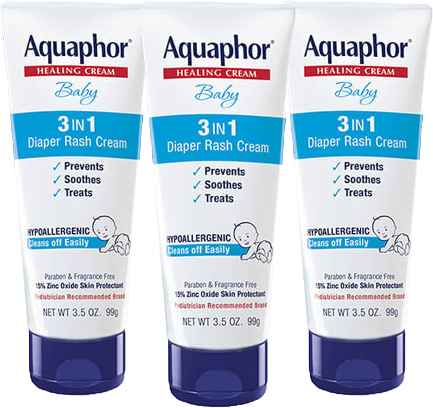 Aquaphor Baby 3 in 1 Diaper Rash Cream - Prevents, Soothes and Treats Diaper Rash - 3.5 Oz. Tube (Pack of 3) image number 1