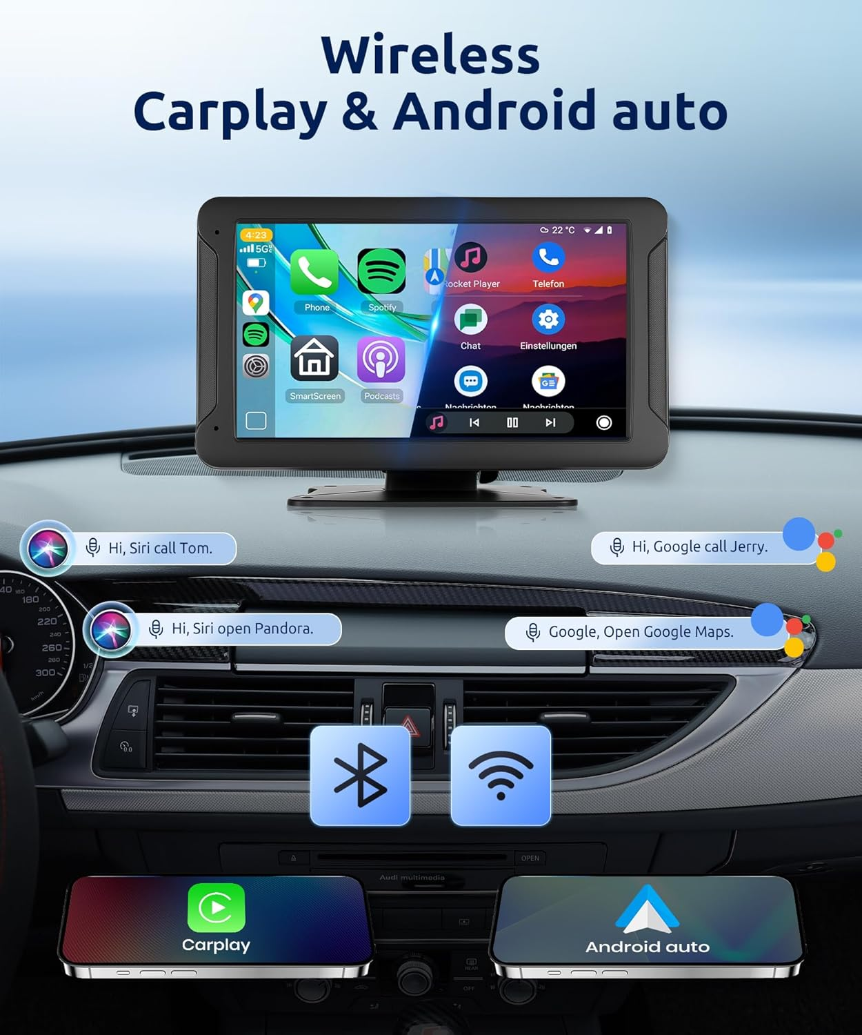 Rimoody 7 Inch Wireless Carplay Screen with Backup Camera Car Radio Portable Carplay Wireless Android Auto Screen Touch Screen Bluetooth FM Transmitter Airplay EQ TF Card Voice Control image number 2