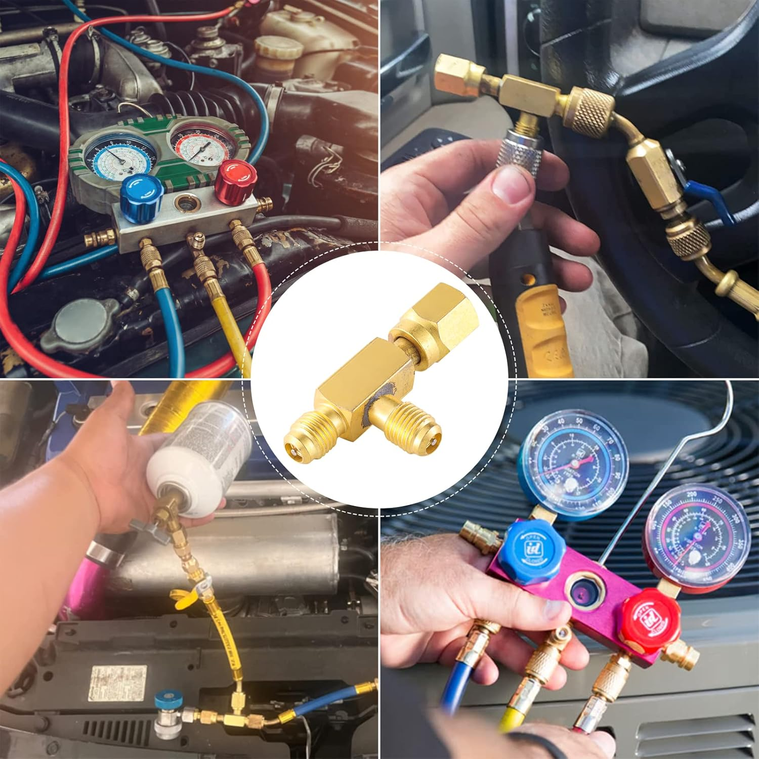 Quick Coupler Access Tee, 1/4'' Valves Core Quick Coupler Tee Adapter with Swivel Connector for Gauge Deep Vacuum Pump Manifold 2PC image number 1