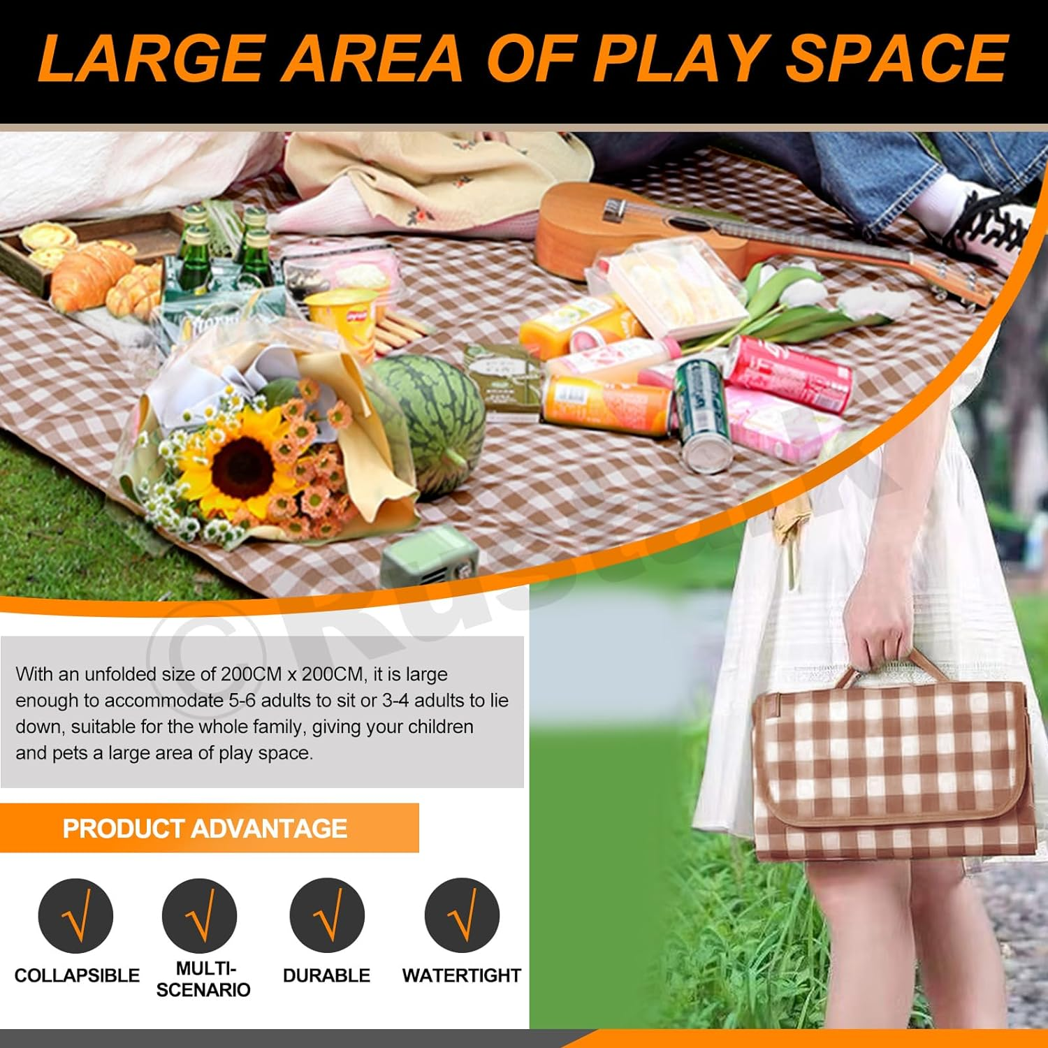 Rustark 79" X 79" Picnic Blanket Outdoor Picnic Mat Beach Blanket Extra Large Foldable Waterproof Portable Gingham Picnic Blanket Picnic Rug for Hiking, Beach, Camping, Park, BBQ and Music Festivals - Coffee Plaid image number 5