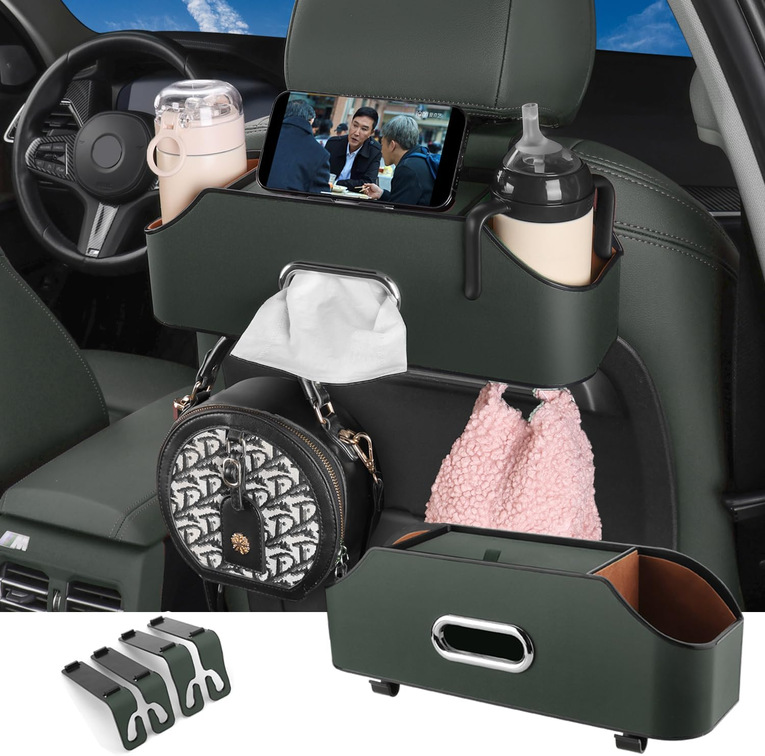 HOLDCY Car Back Seat Organizer with 2 Drink Cup Holder - Tissue Box and Storage Box Hook - Multi-Functional Storage - Great for Kids and Travel (Black)